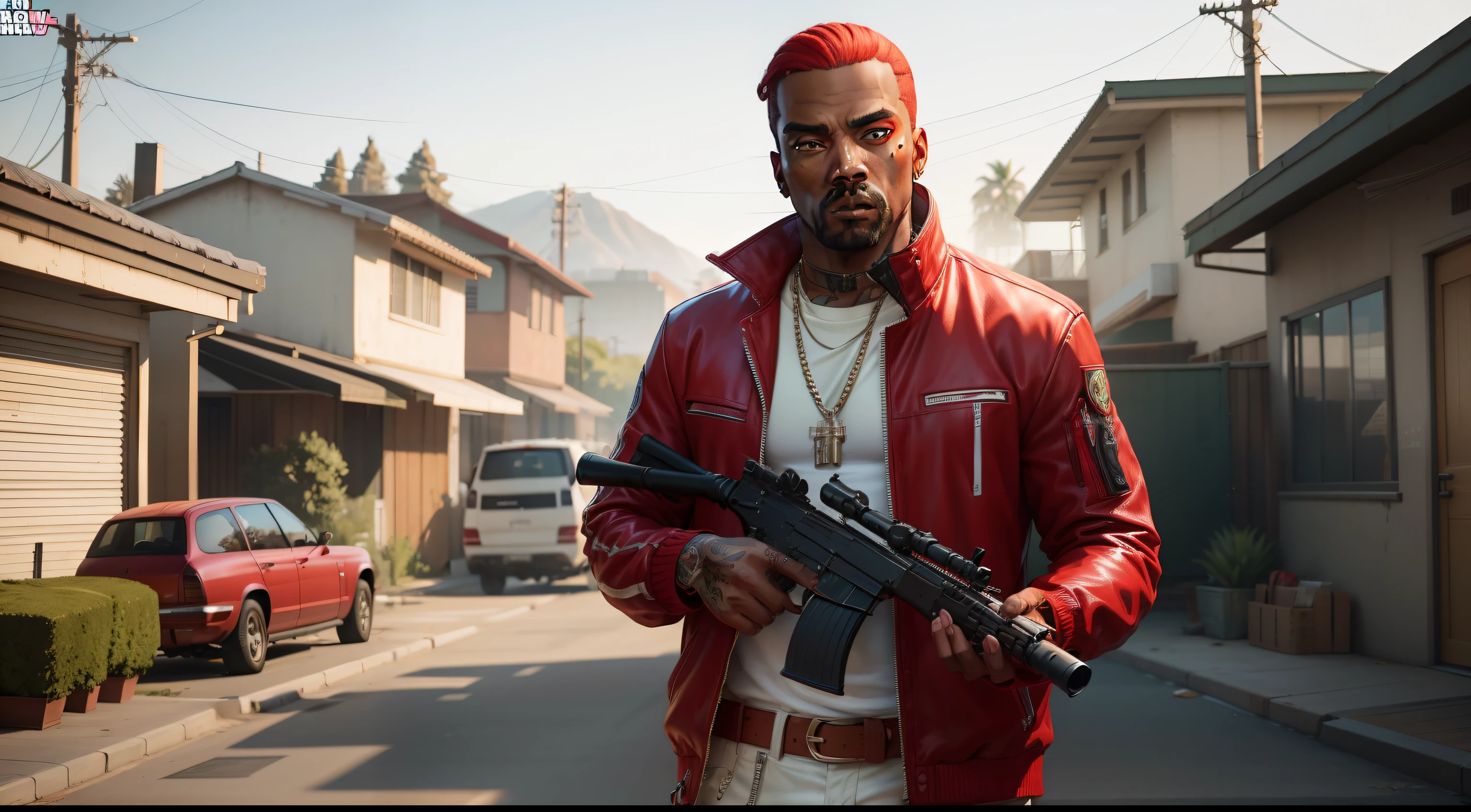 There's a man holding a gun on a wooden deck, gta personagem, Como o protagonista de GTA 5, GTA V Estilo, como um personagem de gtav, Kanye West em GTA v, drake em gta v, Estilo GTA5, gta v personagem, empunhando fuzil de assalto, Snoop Dogg em GTA V, gta 5 tom de pele, Jesse Pinkman em GTA v, red hair, jaqueta vermelha,Fuzil AK-47