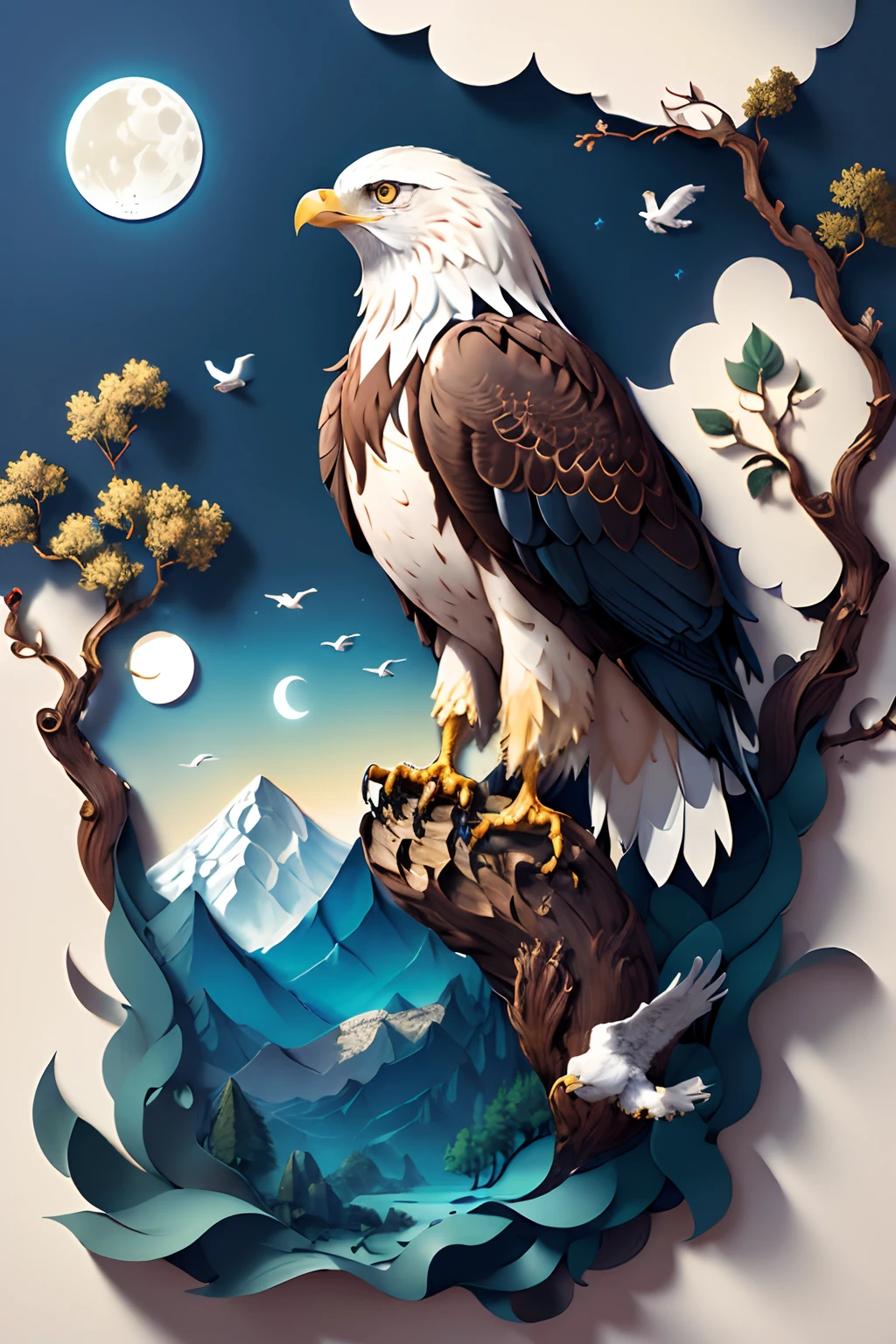 (((masterpiece))),bestquality, illustration, beautifuldetailedglow,
paper_cut, eagle , tree, moon,