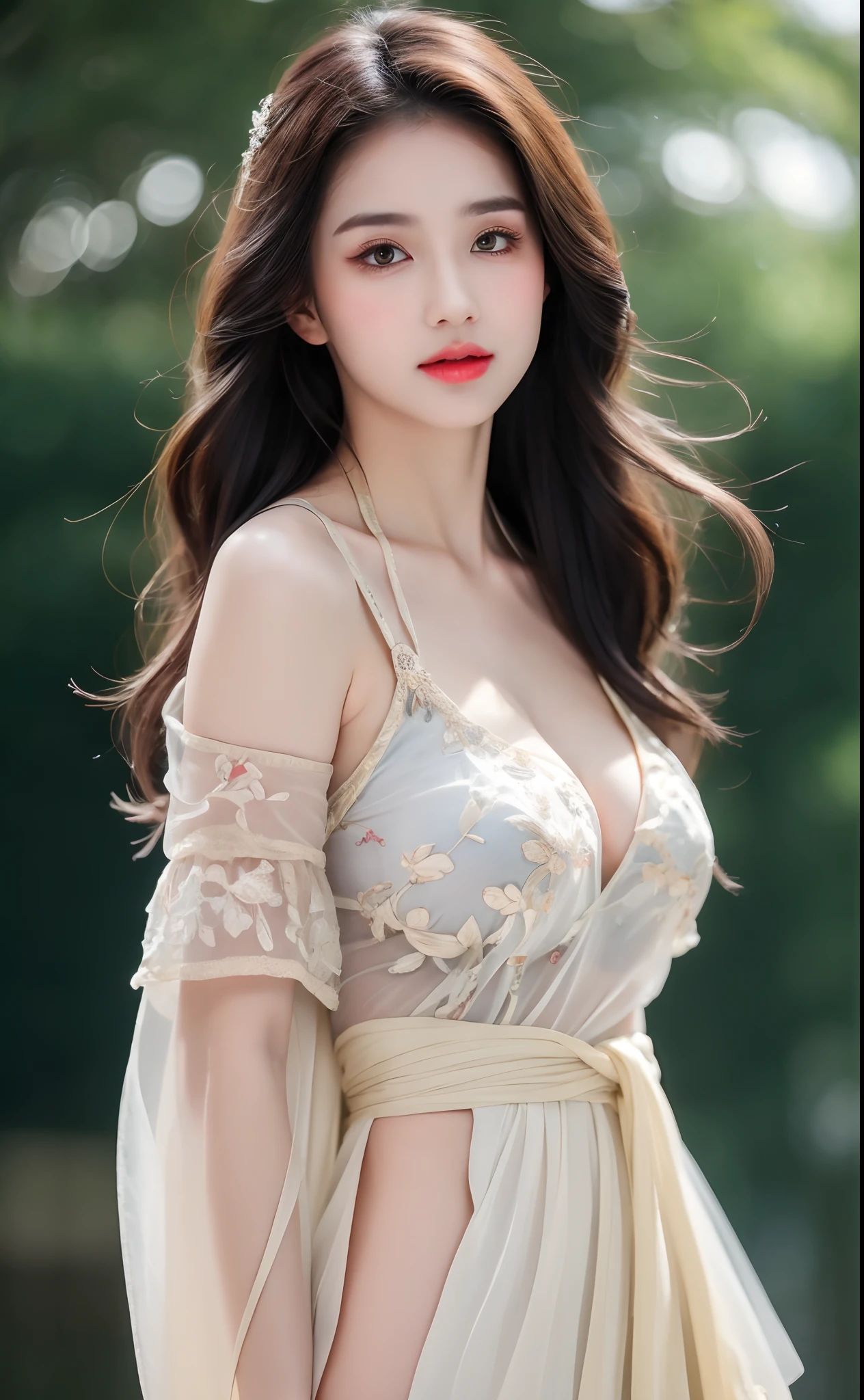 ((Best Quality, 8k, Masterpiece: 1.3)), Focus: 1.2, Perfect Body Beauty: 1.4, Buttocks: 1.2, ((Layered Haircut)), (Wet Clothes: 1.1), (Rain, Street:1.3), (Breasts: 1.2), (Hanfu: 1.2), Bare Shoulders, Bare Legs, Highly Detailed Face and Skin Texture, Fine Eyes, Double Eyelids, Whitened Skin, Long Hair, (Shut Up: 1.5), (Bokeh Background: 1.5), Big Breasts