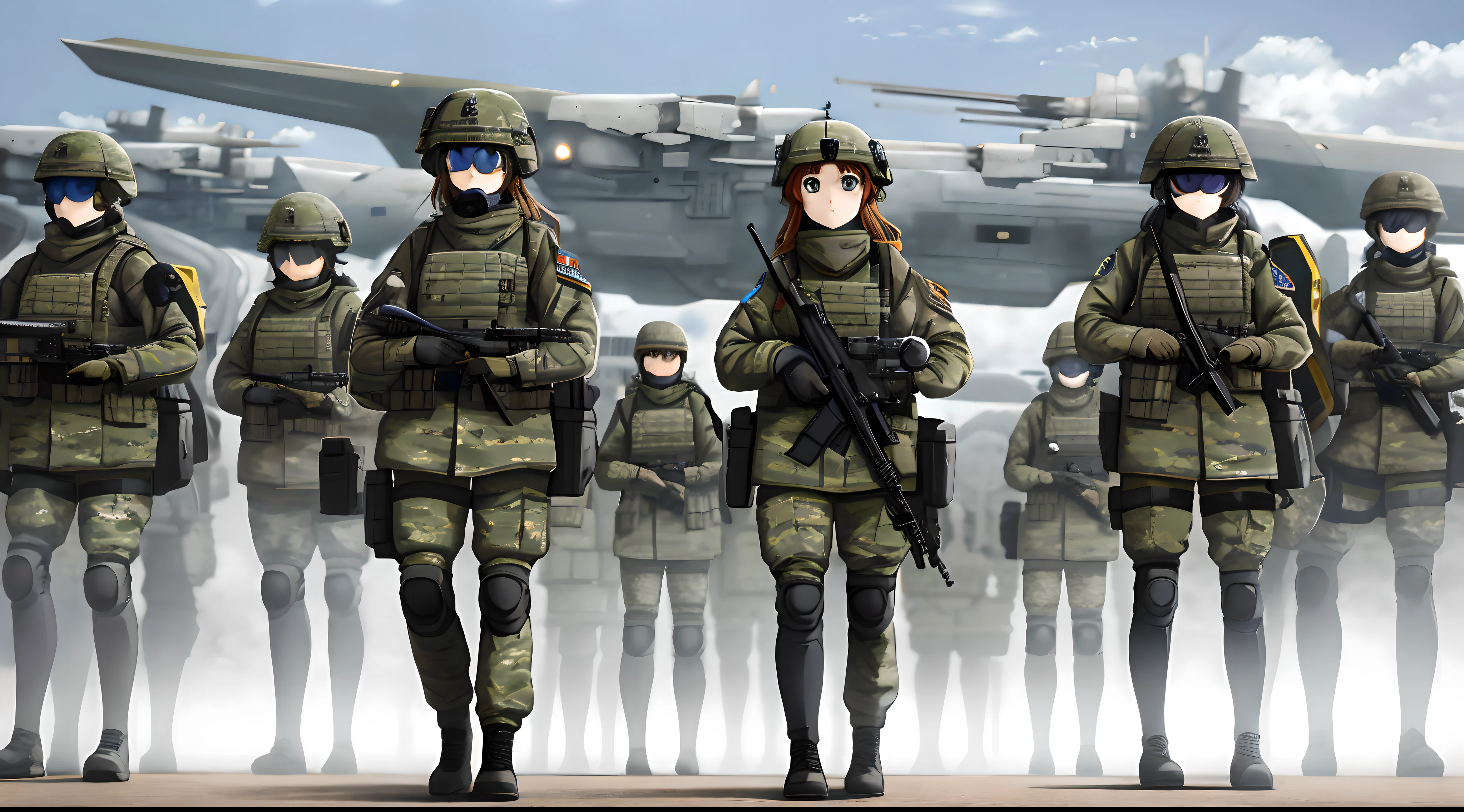 Anime art of female military soldiers wearing high-tech gas masks standing in a formation line in a futuristic setting.