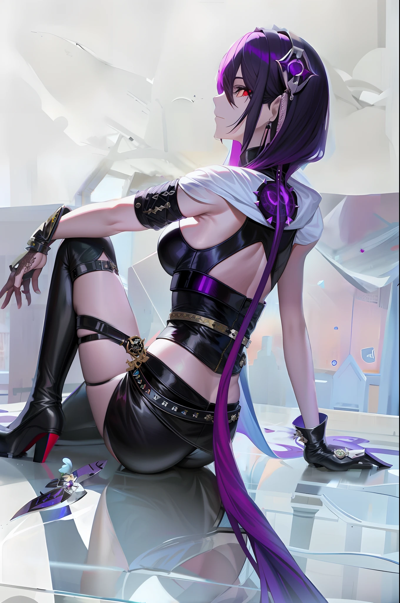 tmasterpiece，HighestQuali，（assassins），daggers，Anime - Style woman in black costume sitting on glass table, cyberpunk art by Yang J, pixiv contest winner, Fantasy art, Extremely detailed Artgerm, Guviz, Guviz-style artwork, Style Artgerm, sakimichan frank franzzeta, rossdraws sakimimichan, kda，black reotard，Black leather pants，black heels，Purple colored hair，red color eyes