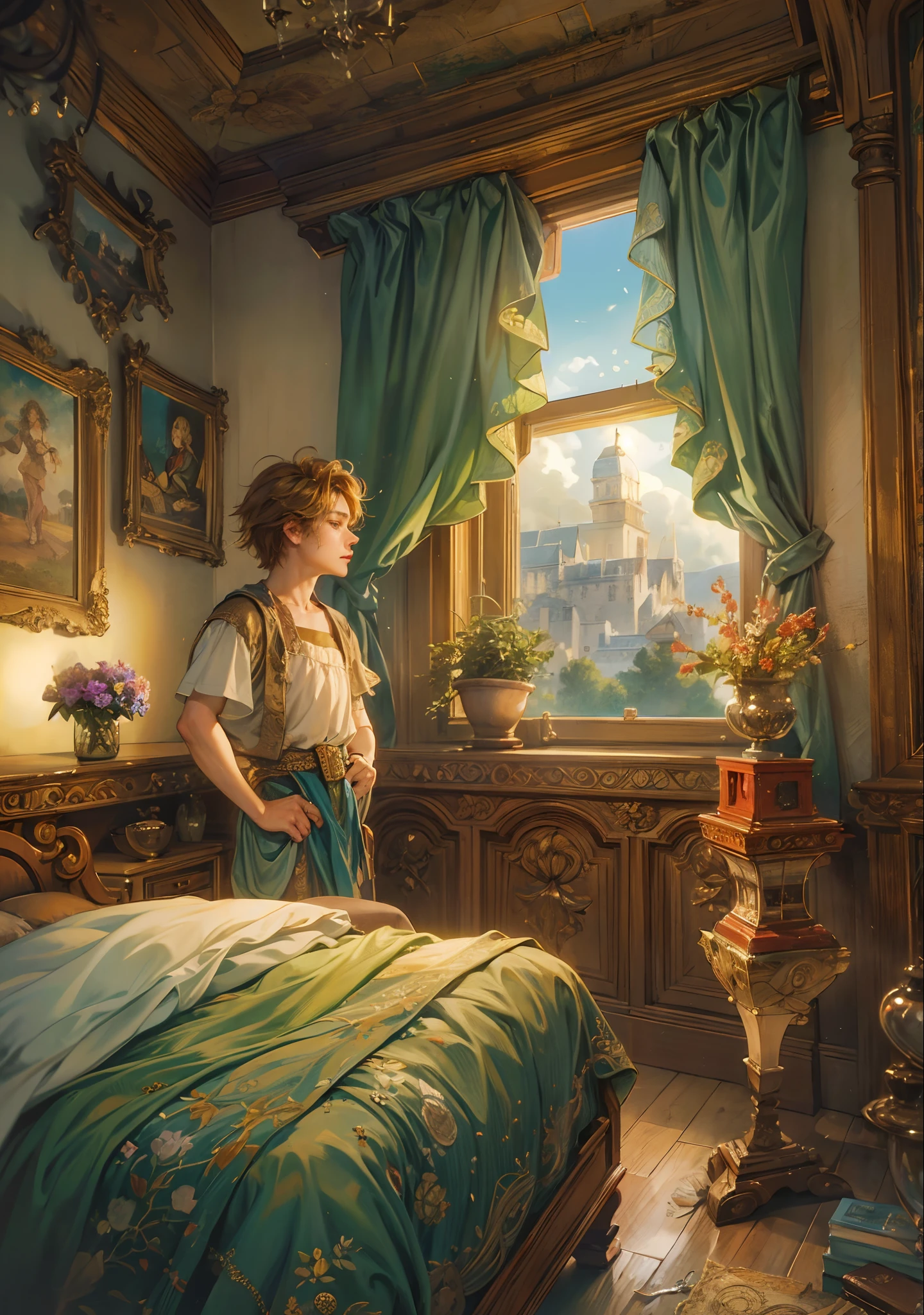 (absurdres, highres, ultra detailed, HDR), masterpiece, best quality, legend of mana character in bedroom in domina looking at window, 1 boy