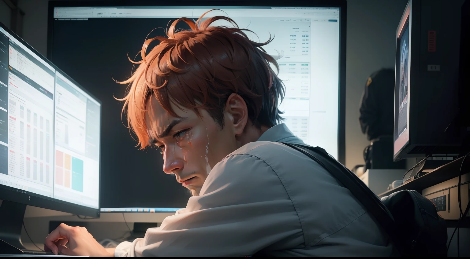 (Digital Painting)、(top-quality)、Man crying in front of monitor、Crying Man、The monitor screen shows an exchange rate chart.、Japan people break down crying、One brown-skinned beauty、FX、exchange、Ukiyo-e Art Style、Hokusai's inspiration、Popular deviant art、8K Ultra Real、Pastel Color Schemes、Soft lighting、hopelessness