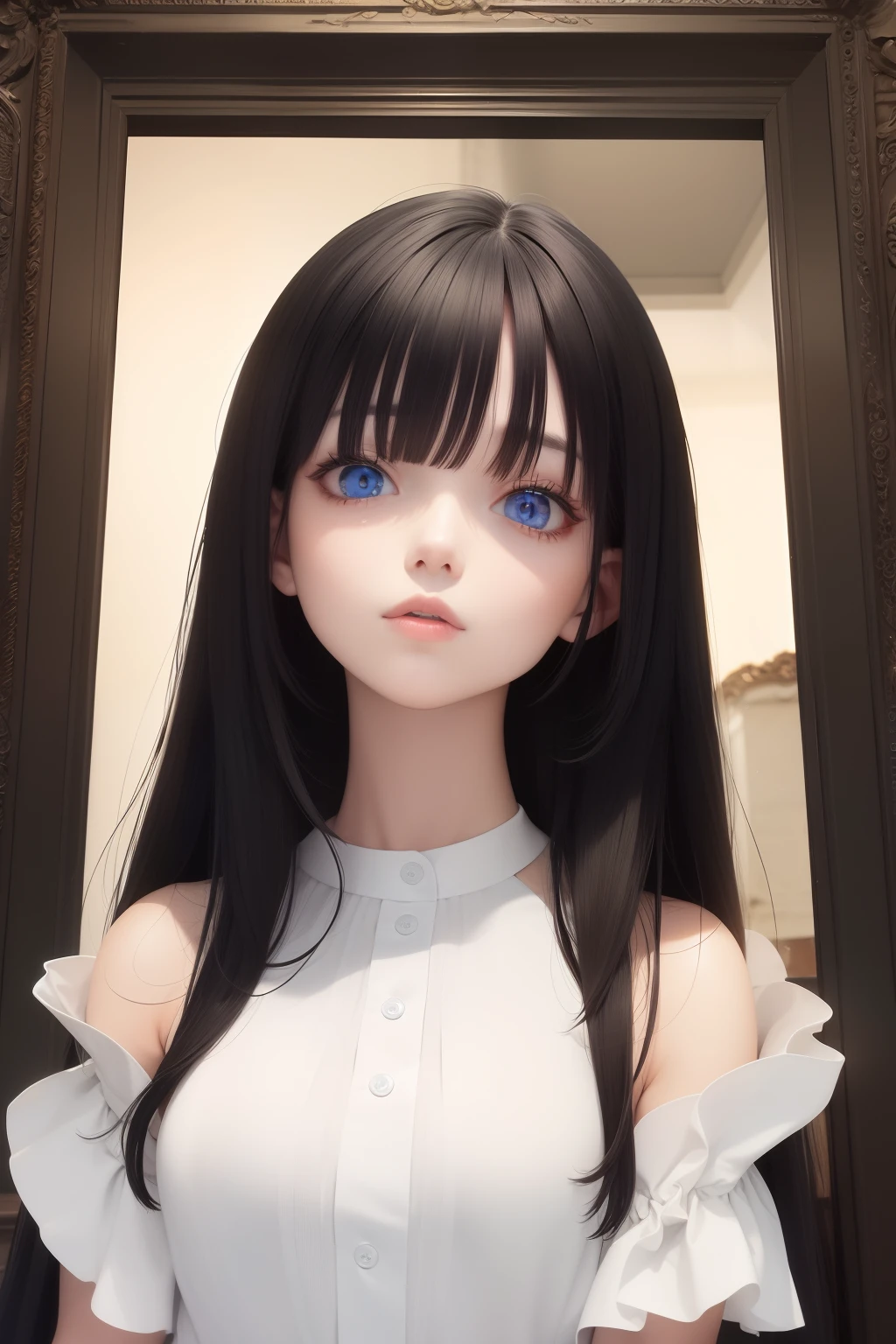 best quality, masterpiece, black hair, blue eyes, looking up, upper body
