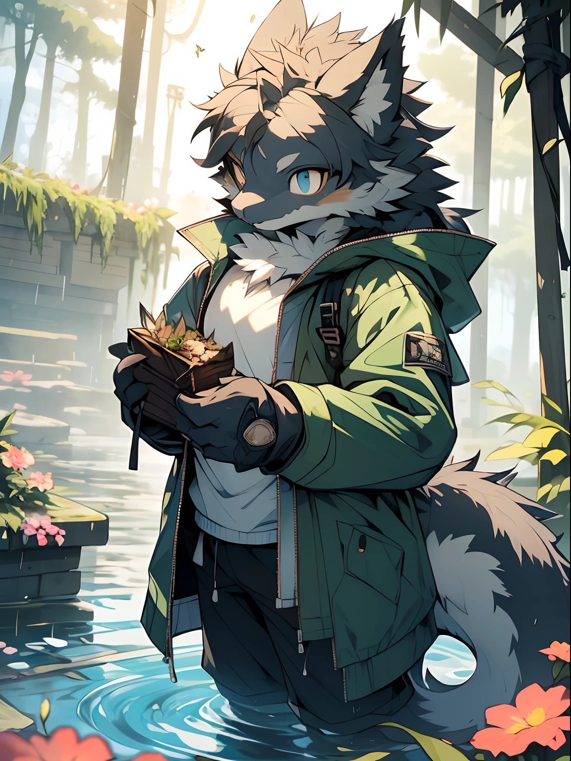 Masterpiece, Best quality, Perfect anatomy, Watery eyes, author：Milk Tiger 1145, author：K0bit0wani, Furry, coyote, (Phyllis:0.3), Muscular male, Solo, wears, baggy clothes, wet fur, (Translucent raincoat:1.1), (holding flower:1.1), Lying, bird's eyes view, Grass, rain, Eau, Rained，((Boy，Shota))