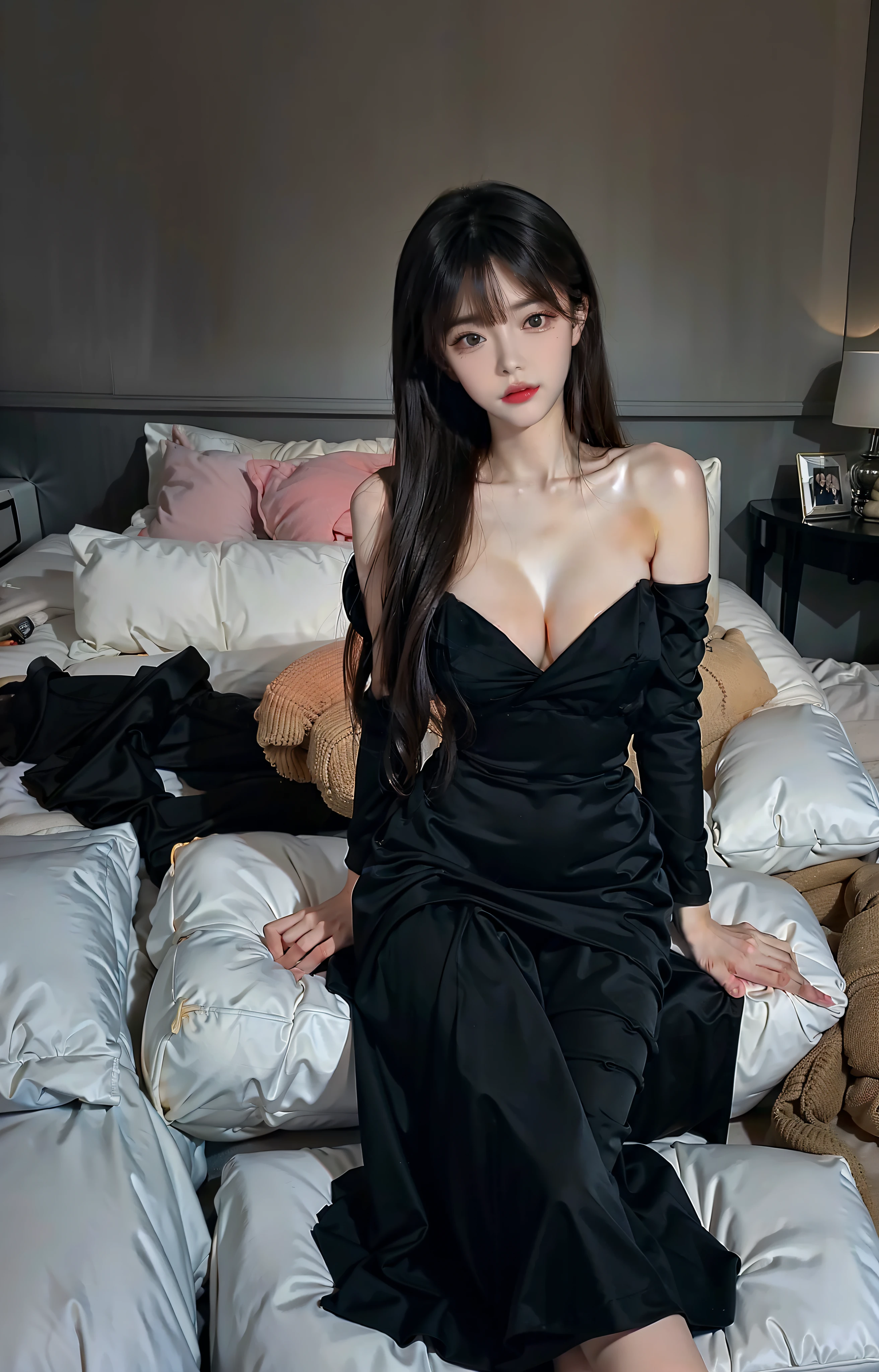 A beautiful woman in a black dress,the breasts are large,Liuhai hairstyle,sit on a bed,the sunset,High image quality