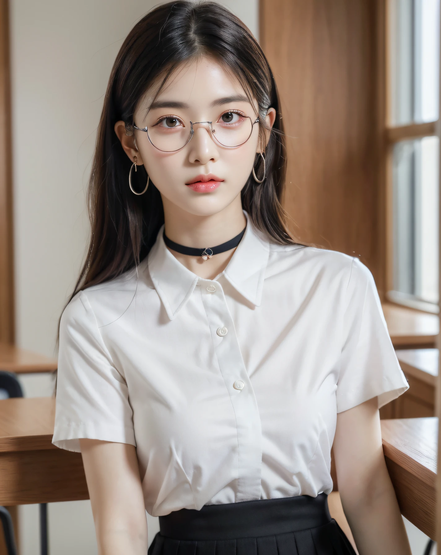 absurdres, 1girl, blush, (realistic:1.5), (masterpiece, Extremely detailed CG unity 8k wallpaper, best quality, highres:1.2), (ultra_detailed, UHD:1.2), perfect illumination, distinct, (1girl:1.4), looking at viewer, unreal engine, sidelighting, perfect face, detailed face, perfect body, beautiful eyes, pretty face, (bright skin:1.4), idol, (abs), ulzzang-6500-v1.1,,((narrow waist)),(blonde hair),MAHALAIUNIFORM,(((WHITE SHIRT SHORT SLEEVES))),((BLACK polished PENCIL SKIRT)),((BLACK PLEATED SKIRT)),((in the classroom)),(choker),((white shirt short sleeves )),((black pencil skirt)),(belt),((sitting on the table)),(Full body:1.4),bangs,((glasses)),sharp eyes,peck the corners of the mouth,silver earrings,hands in hair,silver watch,((medium breast))