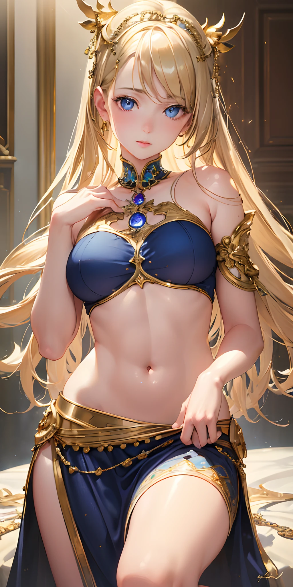 blonde very long hair, red eyes, wearing a sexy blue dress, side slit, ultrasharp, looking at the viewer, ((best quality)), ((masterpiece)), (detailed), perfect face, big breast, sexy body