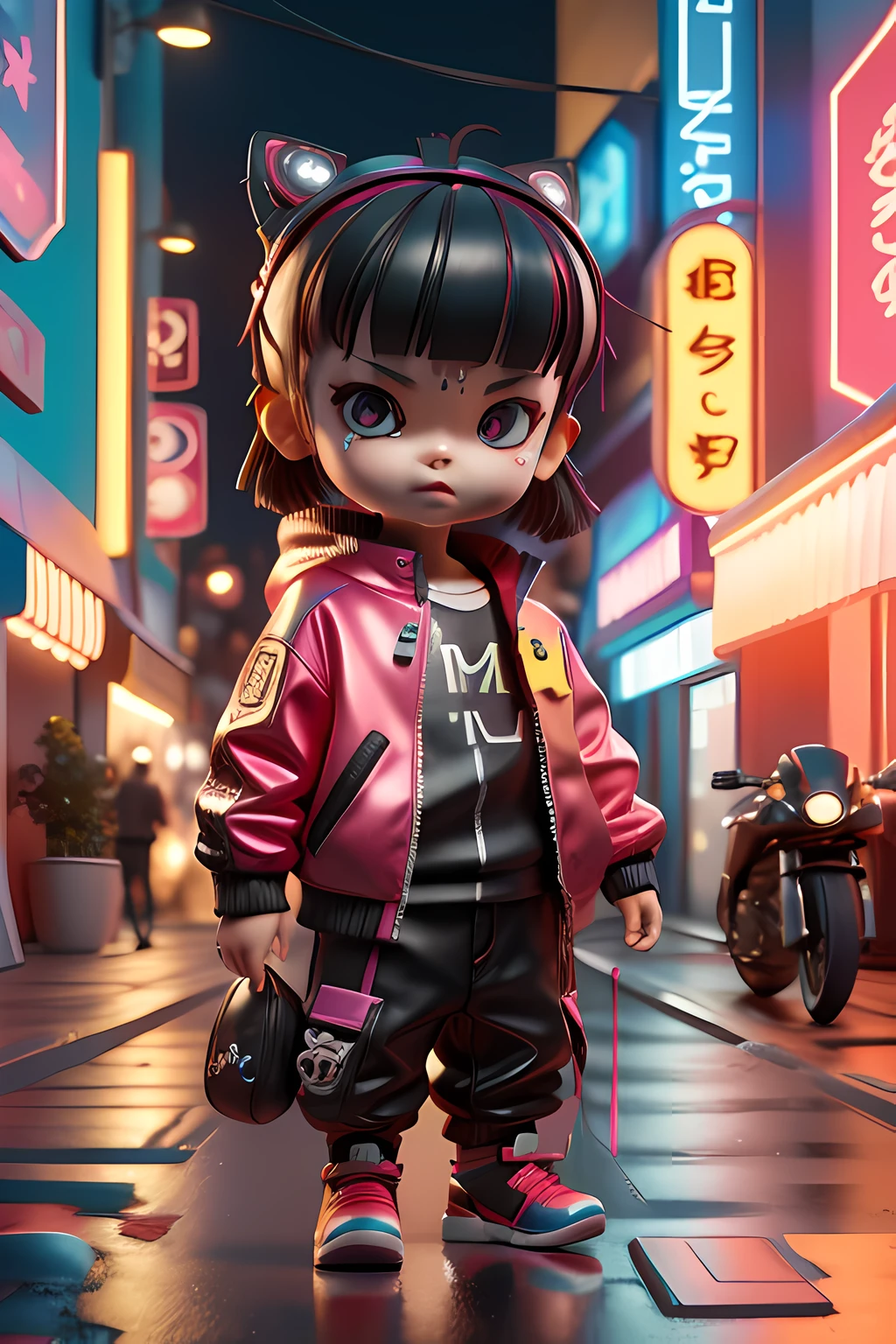 3d toy, 3d rendering, ip, cyberpunk style, chibi, cute **********, mask, simple background, best quality, c4d, blender, 3D MODEL, TOYS, VIVID COLORS, STREET STYLE, HIGH RESOLUTION, A LOT OF DETAILS, PIXAR, CANDY COLORS, BIG SHOES, FASHION TRENDS, ART