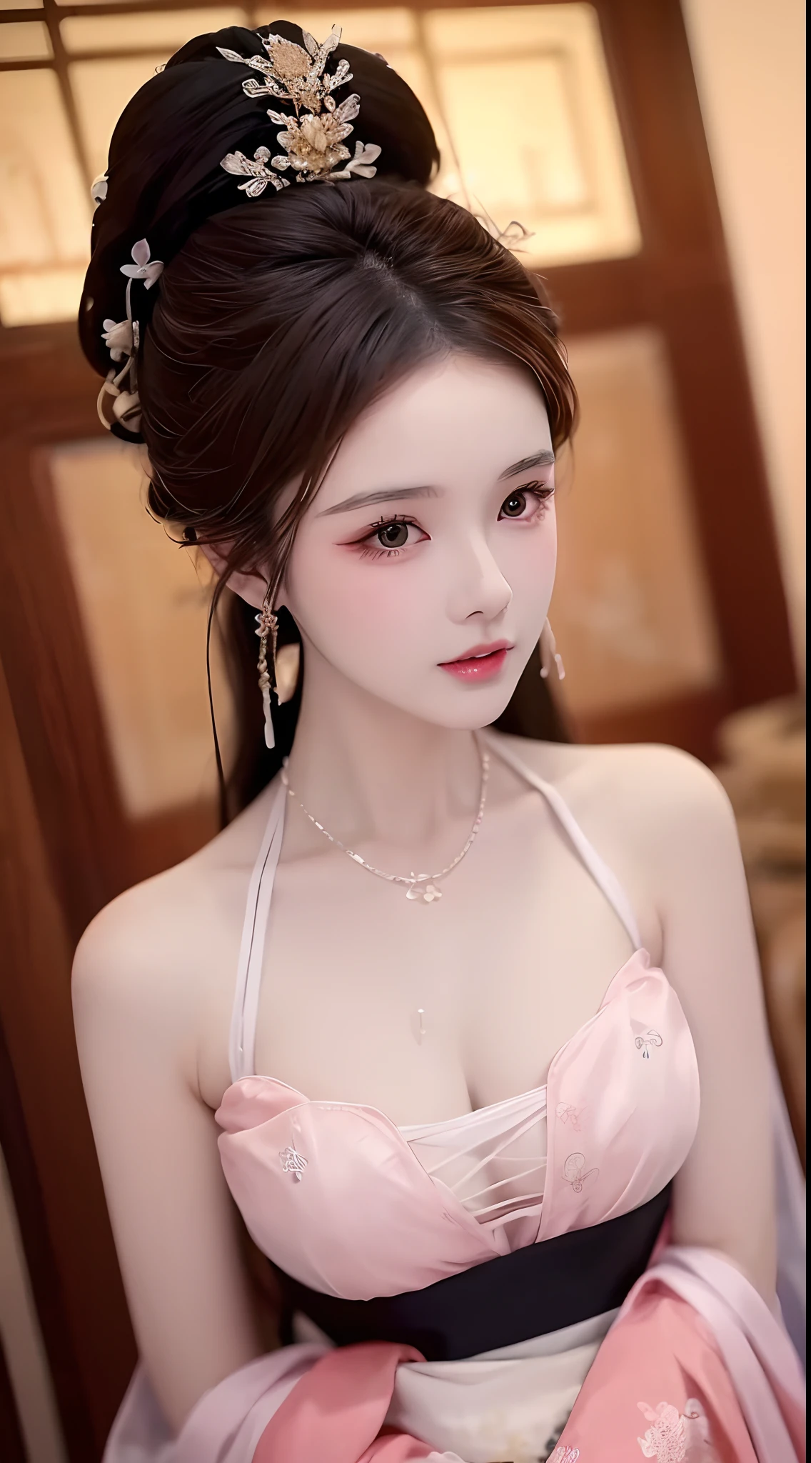 1 realistically beautiful girl, waist length hair, black eyes, ancient Ao Dai, style hanfu, wearing a thin silk shirt of ancient China, pink and smooth white skin, wearing a discreet ancient style ao dai, appears shoulders and head in the photo, Very cute little face, eye bags under wet and detailed makeup, plump red lips, charming small and curved lips, ((closed mouth:1.0)), balanced incisors, embarrassed, small face makeup detailed and very beautifull, The breasts are super round and tight, breast augmentation, blum boobs, Cover the girl's chest with a camisole inside, blush, from front, wear earrings, necklaces, from above, looking at viewer, upturned eyes, full body, masterpiece, top quality, best quality, official art, unity 8k wallpaper, highres, ultra high res, ultra detailed, (photorealistic:1.2), alone, solo, only 1 girl, style hanfu Dunhuang, 10x pixels, super realistic, ultra high quality, portrait body view of the girl, upper body,