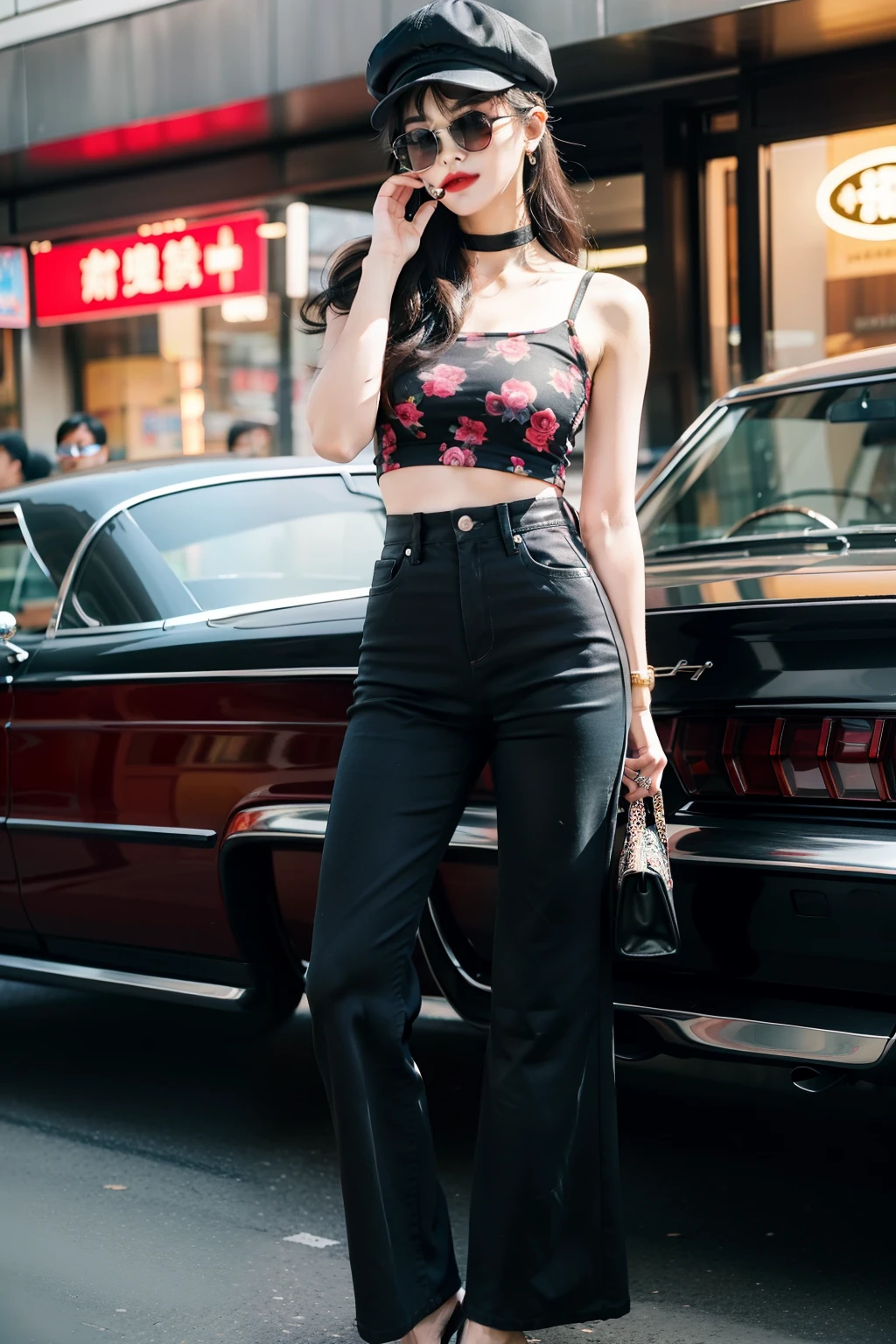 Modern retro:A modern retro cosmopolitan beauty,Fingers are normal and slender,Wear a pair of tight high-waisted flared pants,Wear yours with a loose print top。Her hairstyle is cleverly designed,It shows a strong retro style。Her makeup is full of personality,Pair it with a hat and a pair of exaggerated sunglasses,The whole look is full of fashion attitude。