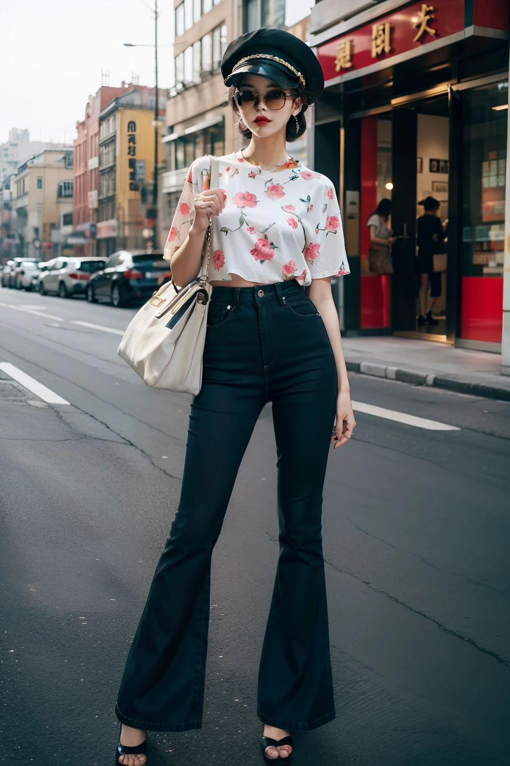 Modern retro:A modern retro cosmopolitan beauty,Fingers are normal and slender,Wear a pair of tight high-waisted flared pants,Wear yours with a loose print top。Her hairstyle is cleverly designed,It shows a strong retro style。Her makeup is full of personality,Pair it with a hat and a pair of exaggerated sunglasses,The whole look is full of fashion attitude。
