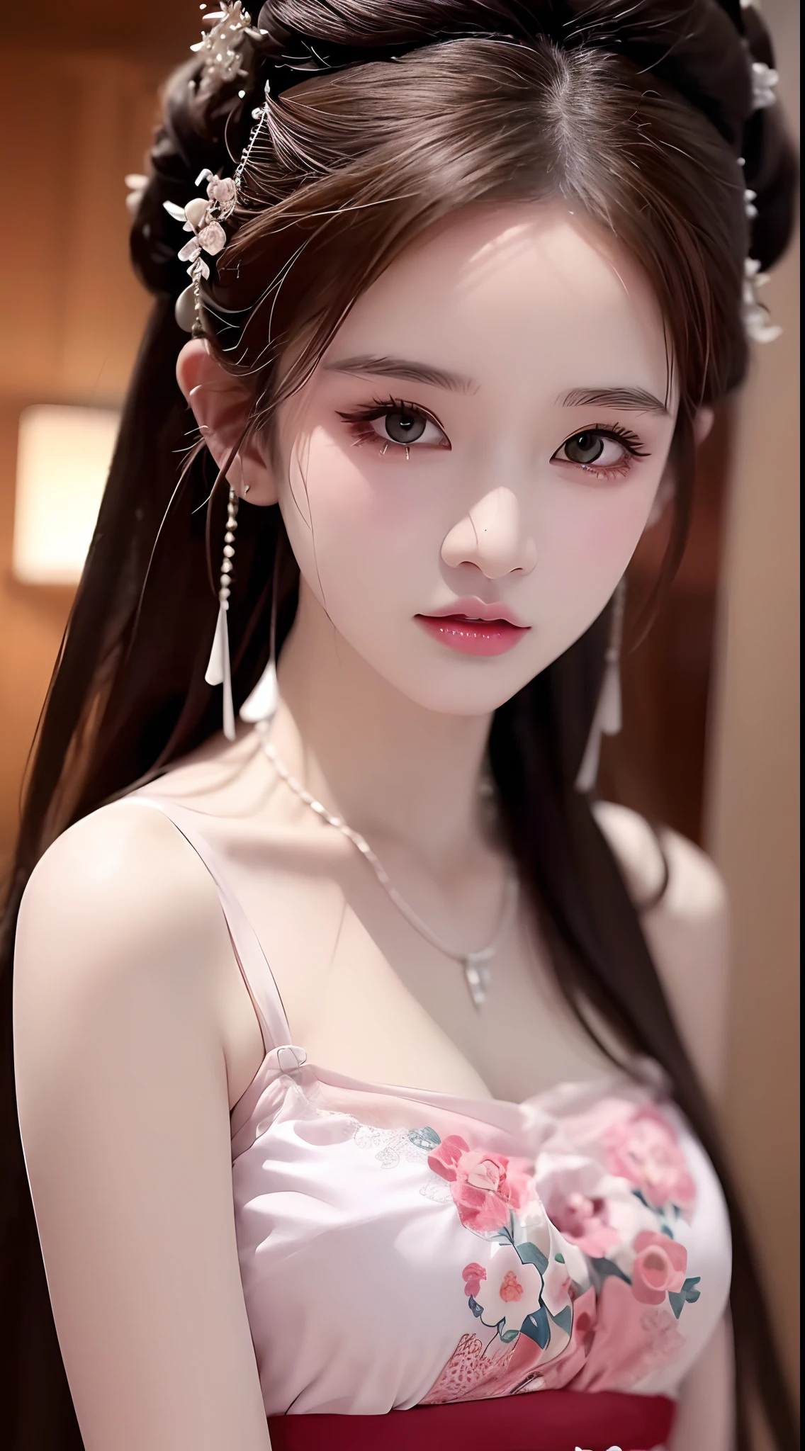 1 realistically beautiful girl, waist length hair, black eyes, ancient Ao Dai, style hanfu, wearing a thin silk shirt of ancient China, pink and smooth white skin, wearing a discreet ancient style ao dai, appears shoulders and head in the photo, Very cute little face, eye bags under wet and detailed makeup, plump red lips, charming small and curved lips, ((closed mouth:1.0)), balanced incisors, embarrassed, small face makeup detailed and very beautifull, The breasts are super round and tight, breast augmentation, blum boobs, Cover the girl's chest with a camisole inside, blush, from front, wear earrings, necklaces, from above, looking at viewer, upturned eyes, full body, masterpiece, top quality, best quality, official art, unity 8k wallpaper, highres, ultra high res, ultra detailed, (photorealistic:1.2), alone, solo, only 1 girl, style hanfu Dunhuang, 10x pixels, super realistic, ultra high quality, portrait body view of the girl, upper body,