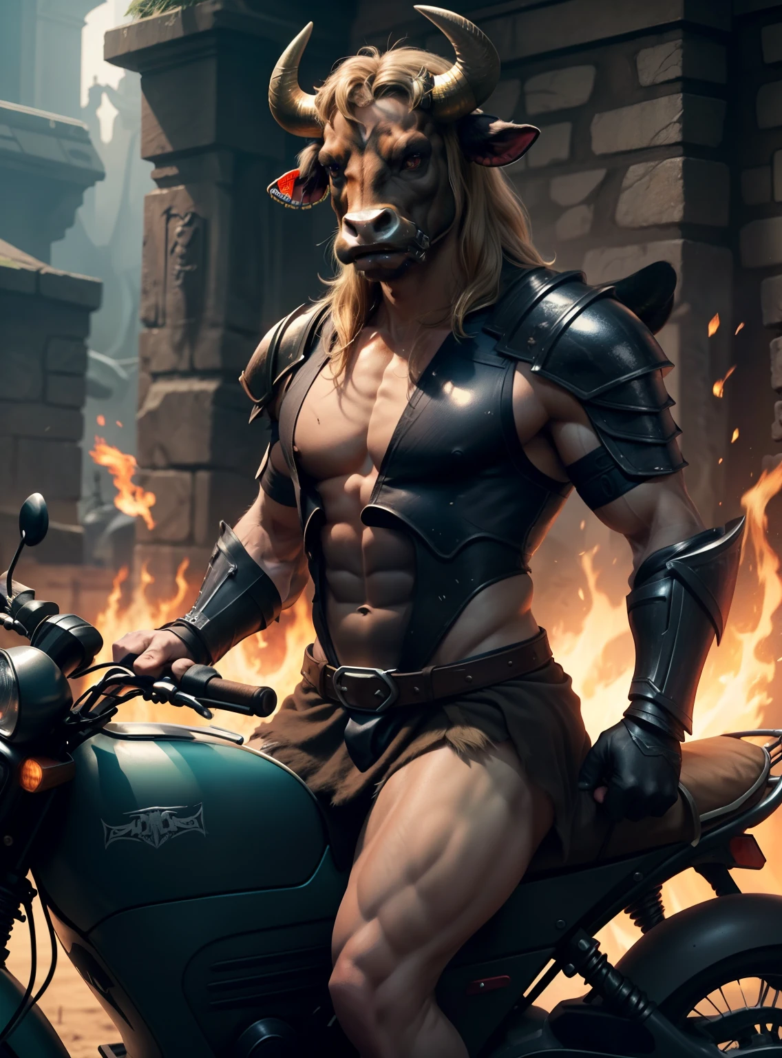 ((man)),chest muscle，Abs，Black armor An evil creature，Black cow face，Evil face，Black Bull，Consume cattle，lotr，stark，The large，Holding an ordinary spear，Sample chest，boobplate，Armor on the arms and legs，demihuman，Half a cow，grimy，darkly，with details，Riding a scooter，ultra cool，Behind it is a flame，(((Minotaur man)))