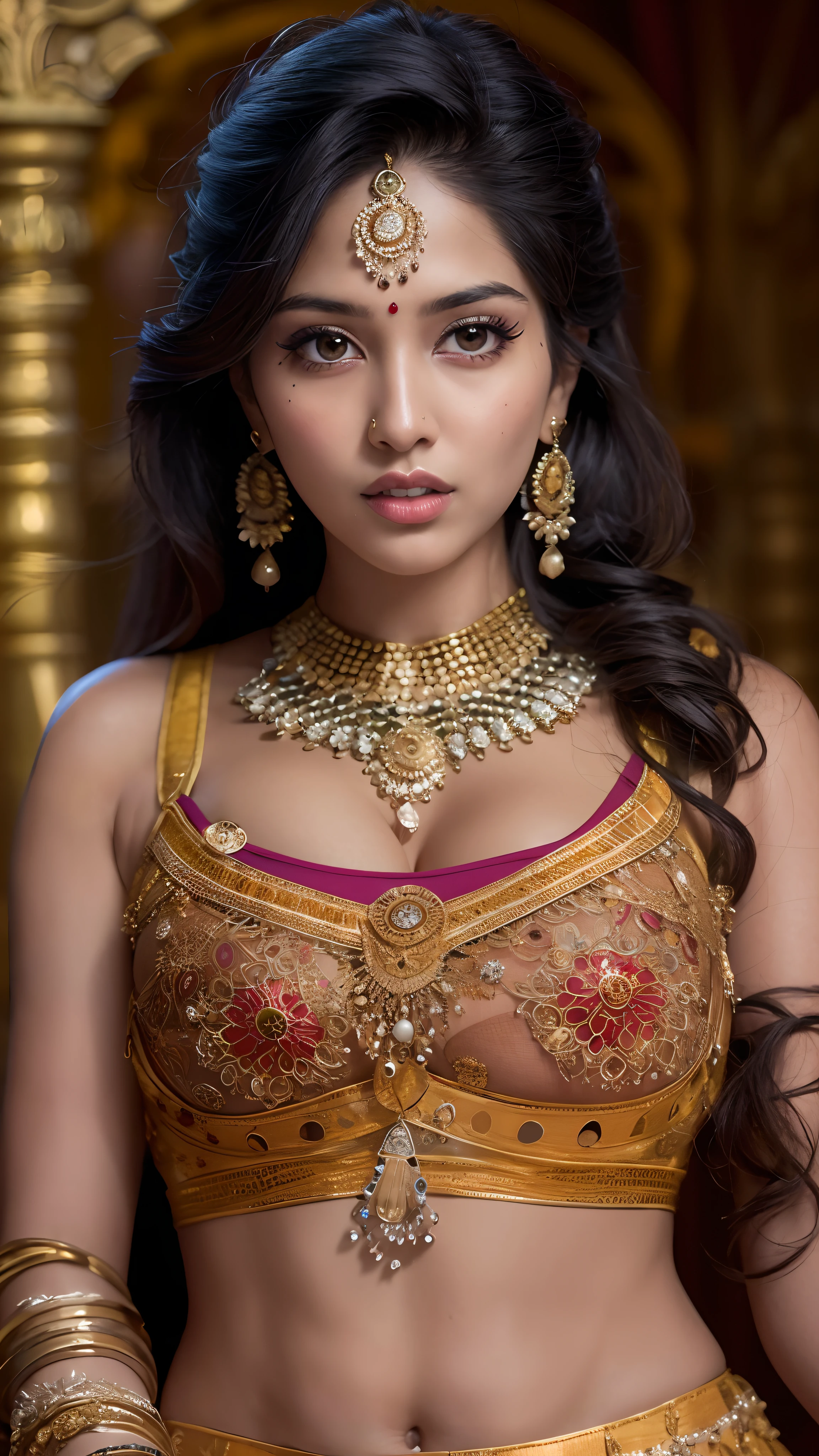 a woman in a sari posing for a picture, indian goddess, traditional beauty, indian, beautiful goddess, ornate cosplay, indian style, indian super model, beautiful maiden, gorgeous woman, south east asian with long, provocative indian, gorgeous beautiful woman, intricate outfit, hindu aesthetic, beautiful asian girl, extremely detailed goddess shot, jaw-dropping beauty, big boobs deep cleavage sexy navel