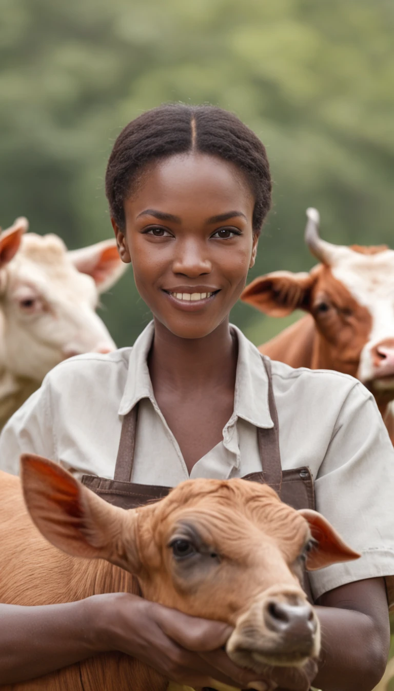 An African  professional in animal nutrition formulas and pre-mix, working together with veterinarians in the field, smiling and training other people, working on farm animals, rendered in a photorealistic style, high resolution, hasselblade camera. The color pallets being used on their brand company are as indicated: #33256A6; #B88C27; #FFFFFF. The photo style are those used in advertising, billboards, flyers, brochures and product and services demos. Their uniforms must be #33256A6 with white logos