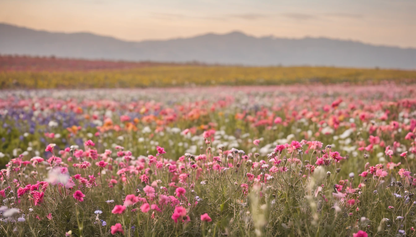 A close up of a field of flowers with mountains in the background ...
