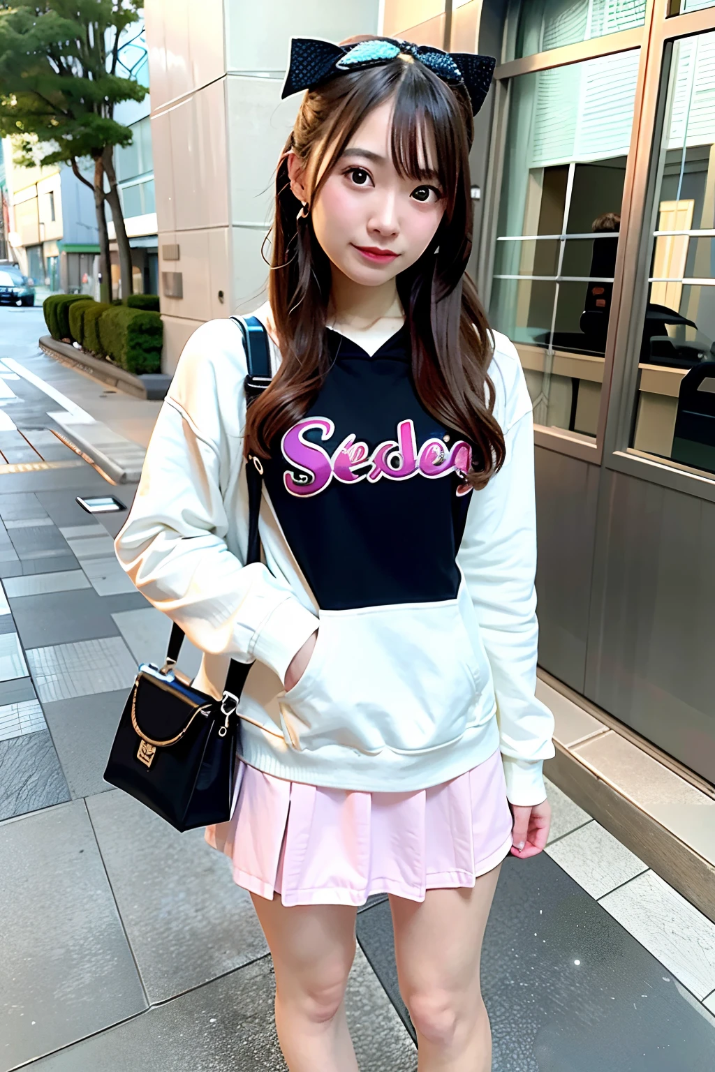 1 Girl Solo, Pretty face, Wearing hoodie and headphone, wearing bikini, wearing skirt. Wearing high heels, Japanese Models, 25 years old, No makeup, middle breasts, in metaverse
