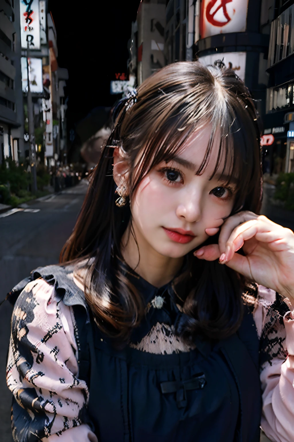 best quality, masterpiece, ultra high res, 8K, raw, (photo realistic:1.4), sharp focus, 1 girl, (detailed background:1.5), (tokyo street:1.3), full body, medium built, squatting, spread legs, skindentation, cute,18yo, evil smile, big black eyes, medium breasts, black hair, detailed clothes