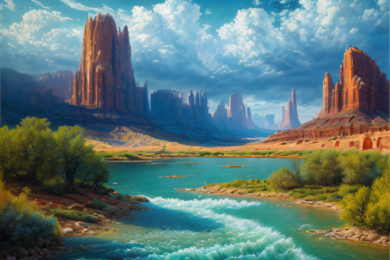 paysage futuriste, Eau, (Highly detailed CG Unit 8k wallpaper), The most beautiful work of art in the world, Professional majestic oil painting, complexe, High detail, mise au point nette, dramatique, Art of photorealist painting,