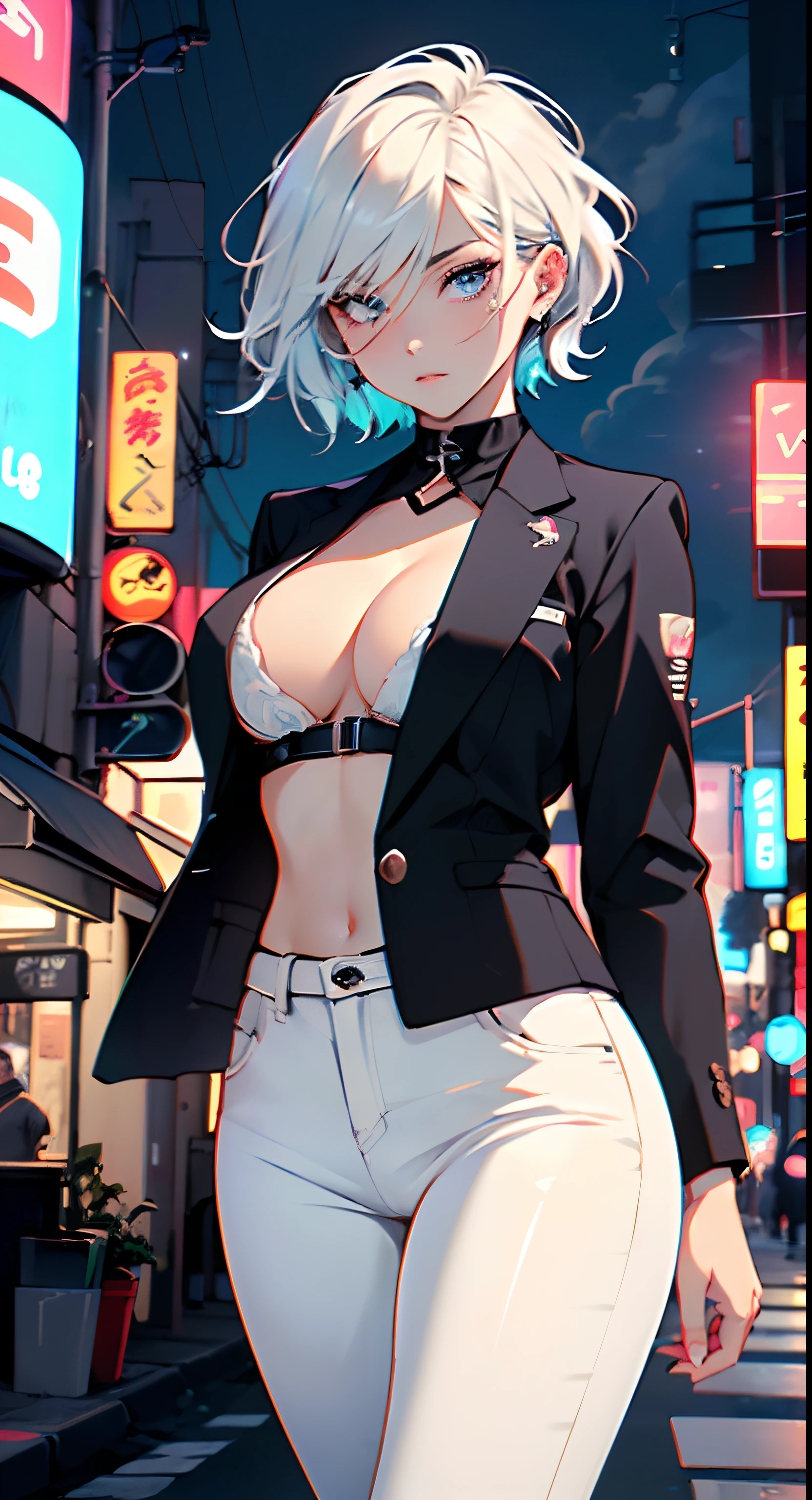 cute albino girl,(((1girl))),((anime albino girl with extremely cute and beautiful white hair walking seductively down the street)),
(small breasts:1.4),(((white hair:1.35,colored inner hair,ear breathing,small hair,tomboy haircut))),((heterochromia,eye1 white,eye2 aqua,perfect eyes,upturned eyes:1.3,beautiful detailed eyes,finely detailed beautiful eyes:1,big highlight on eyes:1.2,slanted eyes)),((fat)),(((pale skin,lustrous skin:1.5,bright skin: 1.5,skin tanned,shiny skin,very shiny skin,shiny body,plastic glitter skin,exaggerated shiny skin))),(spider lower abdomen,narrow waist,wide hip,athletic body,inflated legs,delicate detailed fingers,detailed body,detailed arms,human hands,(detailed face)),
cute,slutty,seductive,erotic,(((nsfw))),
(((wearing white formal blazer,white pants,))),(((huge cleavage))),(detailed outfit,detailed clothes),
(dynamic pose:1.0),solo focus,embarrassed,centered,scale to fit dimensions,Rule of thirds,
outdoors,((night view)),(very pretty city neon synthwave,cyberpunk night street Background:1.5,dark sky,thick clouds),future vehicles,((neon lights)),thick clouds,(cyberpunk style,neon lights, (synthwave theme background), lonely street),(((detailed background:1.25))),
(best quality),(high resolution),(sharp focus),(ultra detailed),(extremely detailed),(extremely high quality artwork),8k_wallpaper,(extremely detailed CG 8k),(very fine 8K CG),((hyper super ultra detailed perfect piece)),flawless,(((masterpiece))),illustration,vibrant colors,(intricate),High contrast,Selective lighting,Double exposure,HDR (High Dynamic Range),Post-processing,Background blur,