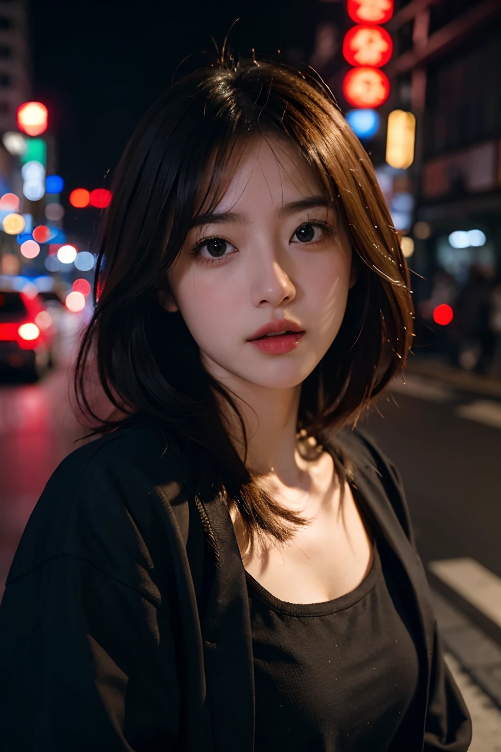 1girl, Tokyo street,night, cityscape,city lights, upper body,close-up, 8k, RAW photo, best quality, masterpiece,realistic, photo-realistic,