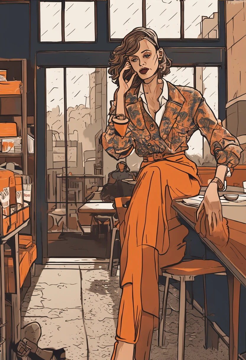 model gucci clothes drinking, coffee shop, photograph, desk with coffee, in the style of streetwise style, densely patterned imagery, post-'70s ego generation, dark beige and orange, elegant, emotive faces, hasselblad 1600f, street-inspired ::n_desenho de estilo, Low-quality imperfection, boneco, jogo, anime