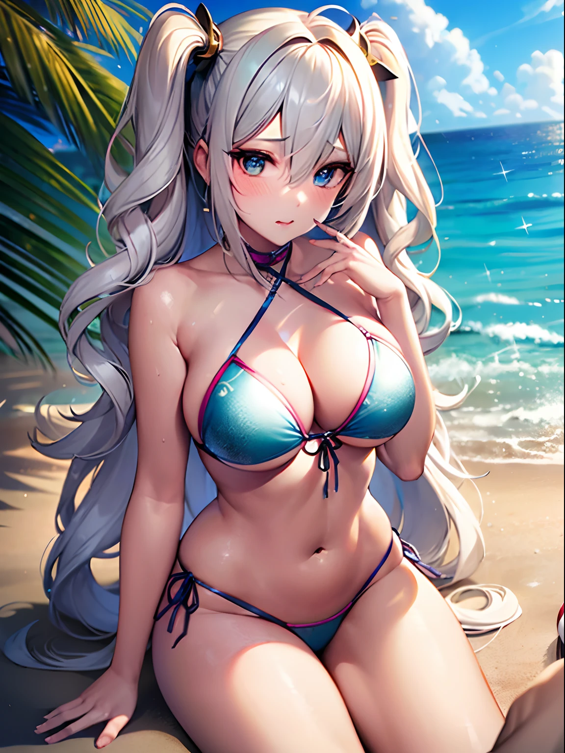 ((Best Quality)), (Ultra-detailed), ((Extremely detailed)), (Beautiful), ((Kawaii Girl)),(two side up hair).,Platinum Blonde Hair,Long hair, hair between eye, Wavy Hair, Long sideburns,Jade-colored eyes, White skin,Normal Chest,Slender body,Cross Halter Bikini,Sandals,Sitting,in beach,Look Camera,One girl,One Woman,Anime