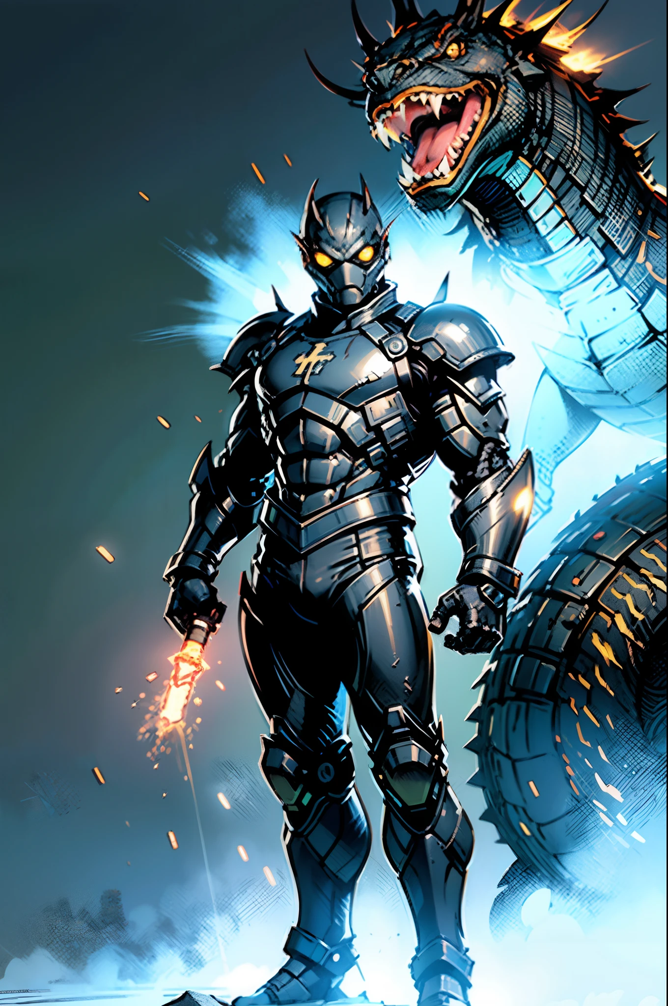 A high-tech combat armor suit inspired by Godzilla concept, Godzilla concept biotech battle armor, (Natural light, professional lighting:1.2, cinematic lighting:1.5, best shadow), (masterpiece:1.5), high definition, best quality, ultra-detailed, extremely delicate, anatomically correct, creativity, RAW photo, unreal engine 5, High-tech armored suits, psychedelic details, BiophyllTech, (add electric power around), fantasy, ultra intricately detailed, Ultra-complex design, A bio-sensitive high-tech battle armor suit infused with Godzilla characteristics, The angular design on the body is illuminated and the display is charging, (energy waves, Energy particles), octane render, perfect images quality, realistic, sure real, full hd, 32k, ((character concept art)), full body character drawing