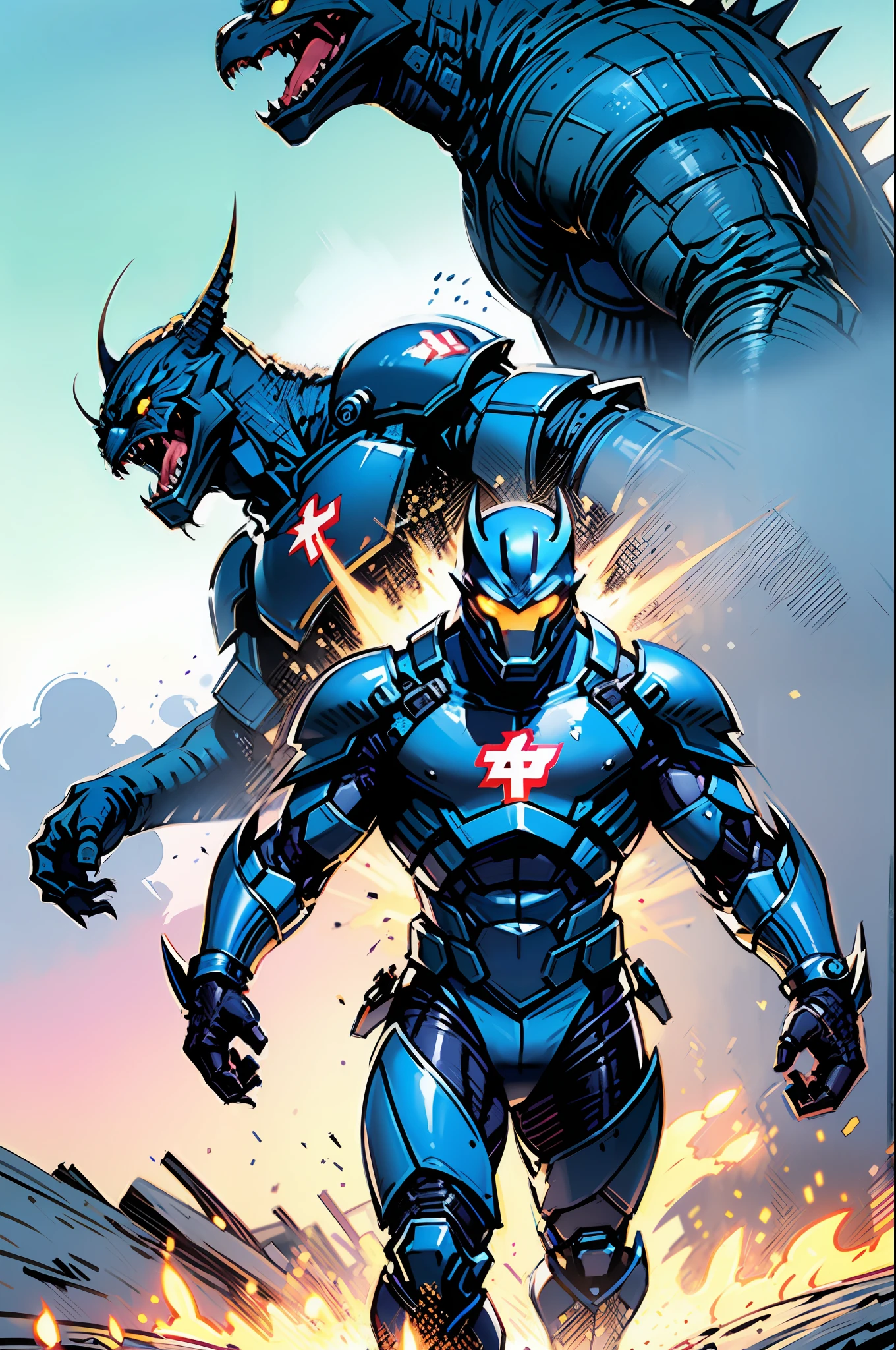 A high-tech combat armor suit inspired by Godzilla concept, Godzilla concept biotech battle armor, (Natural light, professional lighting:1.2, cinematic lighting:1.5, best shadow), (masterpiece:1.5), high definition, best quality, ultra-detailed, extremely delicate, anatomically correct, creativity, RAW photo, unreal engine 5, High-tech armored suits, psychedelic details, BiophyllTech, (add electric power around), fantasy, ultra intricately detailed, Ultra-complex design, A bio-sensitive high-tech battle armor suit infused with Godzilla characteristics, The angular design on the body is illuminated and the display is charging, (energy waves, Energy particles), octane render, perfect images quality, realistic, sure real, full hd, 32k, ((character concept art)), full body character drawing