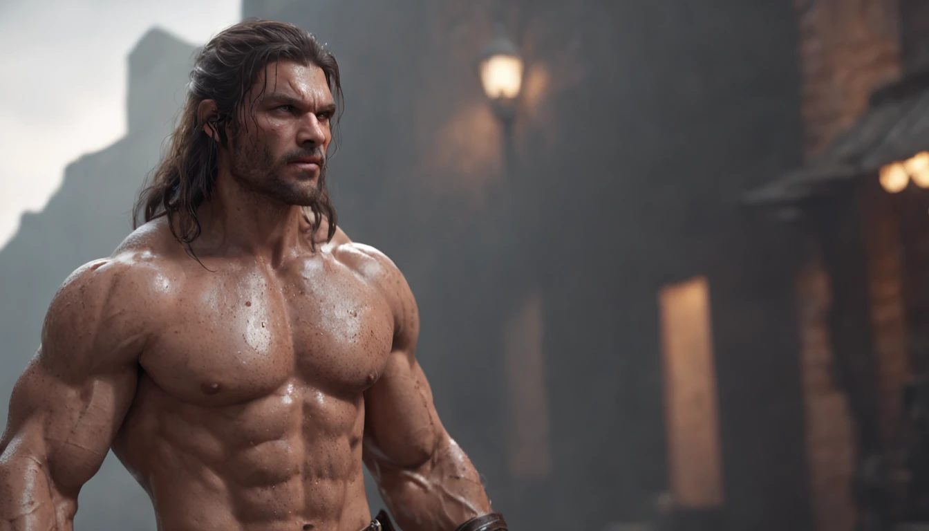 (professional 3d render:1.3) af (Realistic:1.3) most beautiful artwork photo in the world,Features soft and shiny male heroes, ((Epic hero fantasy muscle man rough wet hero angry look long hair short beard and ferocious expression in dynamic pose, Fantastic location, Majestic cluttered environment)), full body 8k unity render, action shot, skin pore, very dark lighting, heavyshading, Detailed, Detailed face, (vibrant, photograph realistic, Realistic, Dramatic, Dark, Sharp focus, 8K), (Old leather garments damaged by weathering:1.4), ((((Wear fur)))), (Intricate:1.4), decadent, (Highly detailed:1.4), Digital painting, rendering by octane, art stations, concept-art, smooth, Sharp focus, illustration, Art germ, (loish:0.23), wlop ilya kuvshinov, and greg rutkowski and alphonse mucha gracias, (Global illumination, Studio light, volumettic light), heavy rain, particles floating, lotr, fantasy, elf, full bodyesbian, ((Dark and ancient city background:1.3)),CGSesociety,art stations
