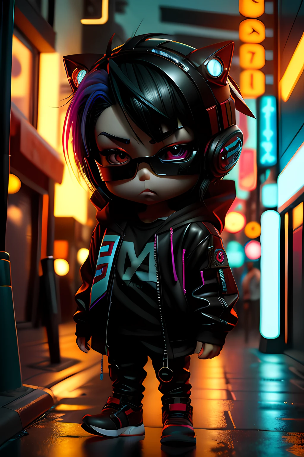 3d toy, 3d rendering, ip, cyberpunk style, chibi, cute **********, mask, simple background, best quality, c4d, blender, 3D MODEL, TOYS, VIVID COLORS, STREET STYLE, HIGH RESOLUTION, A LOT OF DETAILS, PIXAR, CANDY COLORS, BIG SHOES, FASHION TRENDS, ART