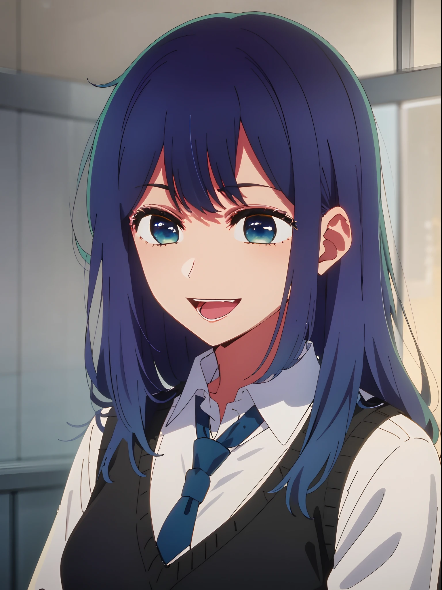 beautiful lighting, 1girl in, 独奏, Akane, white shirt, Sweater Vest, Black vest, Blue tie, ((anime styled))、((2D))、A smile、Open your mouth
