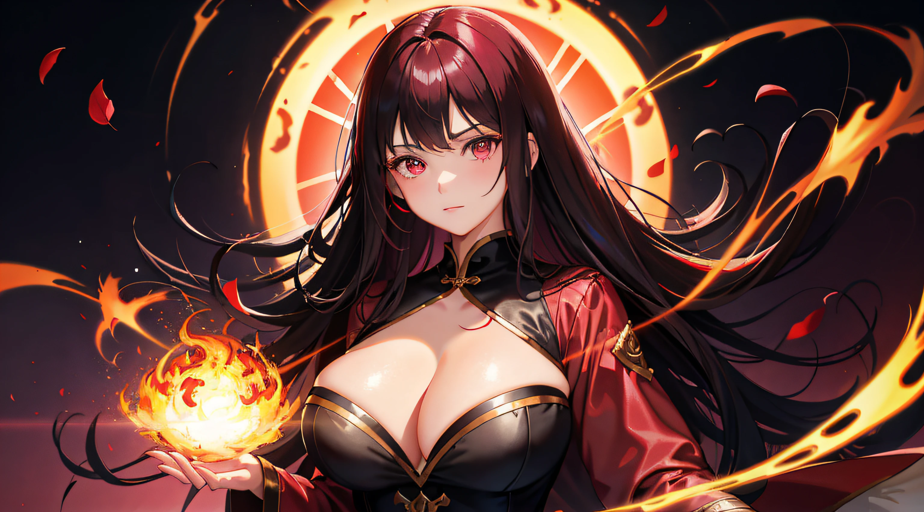 1girl,brunette color hair,red - eyed,Fire Witch,gigantic cleavage breasts,Blood,light particules,llight rays,Wallpapers,hight contrast,Dazzle,Pink petal background, Chinese long sleeve tulle python robe