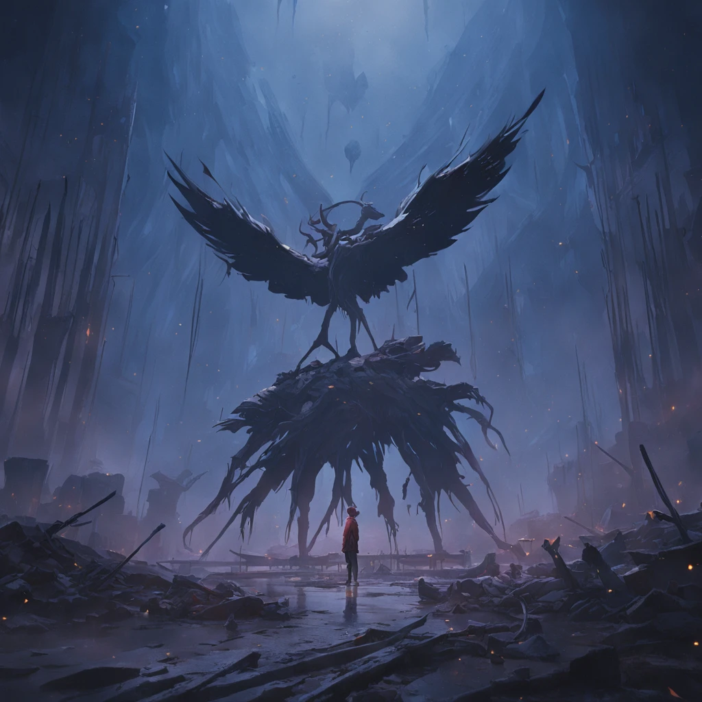 Two crows on a dead tree, A shadow shaped like a walker, Starry night, Thick fog on the ground, Blue light on the horizon, Unreal Engine 5, Cinematic, low angle photography, Motion blur, Depth of field, Dust, Cobblestones and dirt. Splash Art, dripping paint. Perfect color grading. Influenced by Karel Appel and Jeremy Mann, Full of dramatic and threatening scenes, Hyper-detailed,,Nightmare vision, Dark fantasy plot,Perfect and excellent composition,8K分辨率,the detail,limitations,wide - angle shot,background inside dark,Jack Guzman's environmental art photography,realisticlying,cinematic compositions,Volumetriclighting,A high resolution,vividness, A detailed, Amazing,Colorful clouds float,true to life, Pubic area is clear, flawless perfection, Digital SLR, 16k, 1024, 2048, 4096, A detailed, Sharp, best qualtiy, high qulity, absurderes,unmanned background,The is very detailed、Detailed lighting shadows,Trends on ArtStation、iintricate、high detal、dramatics、Midjourney Art(Volumetriclighting:1.2)hdr shot。(Faraway view,Super deep view,ultra-wide-angle,Microfocal length lens:1.2)(realisticlying:1.4)tmasterpiece、high high quality、Beautiful photography、globalillumination、