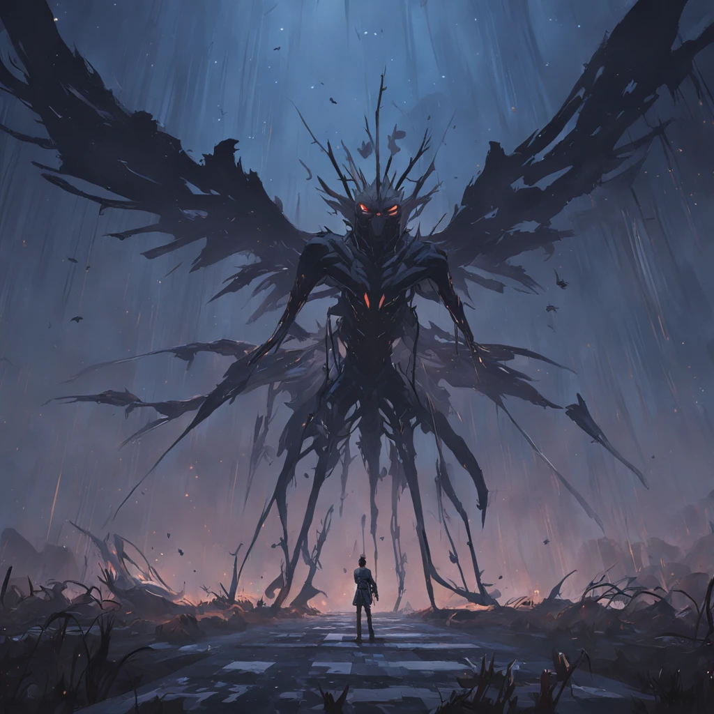 Two crows on a dead tree, A shadow shaped like a walker, Starry night, Thick fog on the ground, Blue light on the horizon, Unreal Engine 5, Cinematic, low angle photography, Motion blur, Depth of field, Dust, Cobblestones and dirt. Splash Art, dripping paint. Perfect color grading. Influenced by Karel Appel and Jeremy Mann, Full of dramatic and threatening scenes, Hyper-detailed,，Nightmare vision， Dark fantasy plot，Perfect and excellent composition，8K分辨率，the detail，limitations，wide - angle shot，background inside dark，Jack Guzman's environmental art photography，realisticlying，cinematic compositions，Volumetriclighting，A high resolution，vividness, A detailed, Amazing,Colorful clouds float，true to life, Pubic area is clear, flawless perfection, Digital SLR, 16k, 1024, 2048, 4096, A detailed, Sharp, best qualtiy, high qulity, absurderes，unmanned background，The is very detailed、Detailed lighting shadows，Trends on ArtStation、iintricate、high detal、dramatics、Midjourney Art（Volumetriclighting：1.2）hdr shot。（Faraway view，Super deep view，ultra-wide-angle，Microfocal length lens：1.2）（realisticlying：1.4）tmasterpiece、high high quality、Beautiful photography、globalillumination、