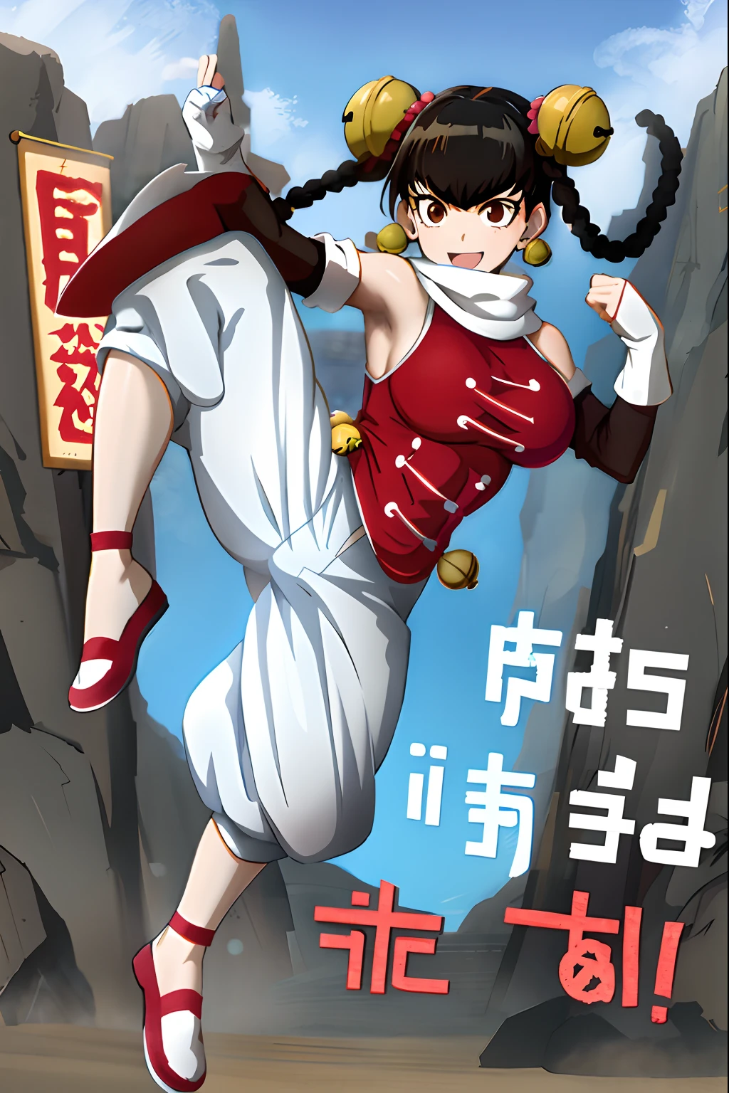 masterpiece, best quality, absurdres, 1girl, lin lin (one-punch man), medium breasts, brown eyes, solo, short hair, bangs, black hair, twin braids, bell, jingle bell, hair bell, hair ornament, gloves, dress, bare shoulders, jewelry, braid, earrings, detached sleeves, shoes, sleeveless, elbow gloves, pants, white gloves, fingerless gloves, white scarf, chinese clothes, red footwear, bridal gauntlets, hair rings, white pants, outdoors, fighting stance, village in beach, full body, walking, smile