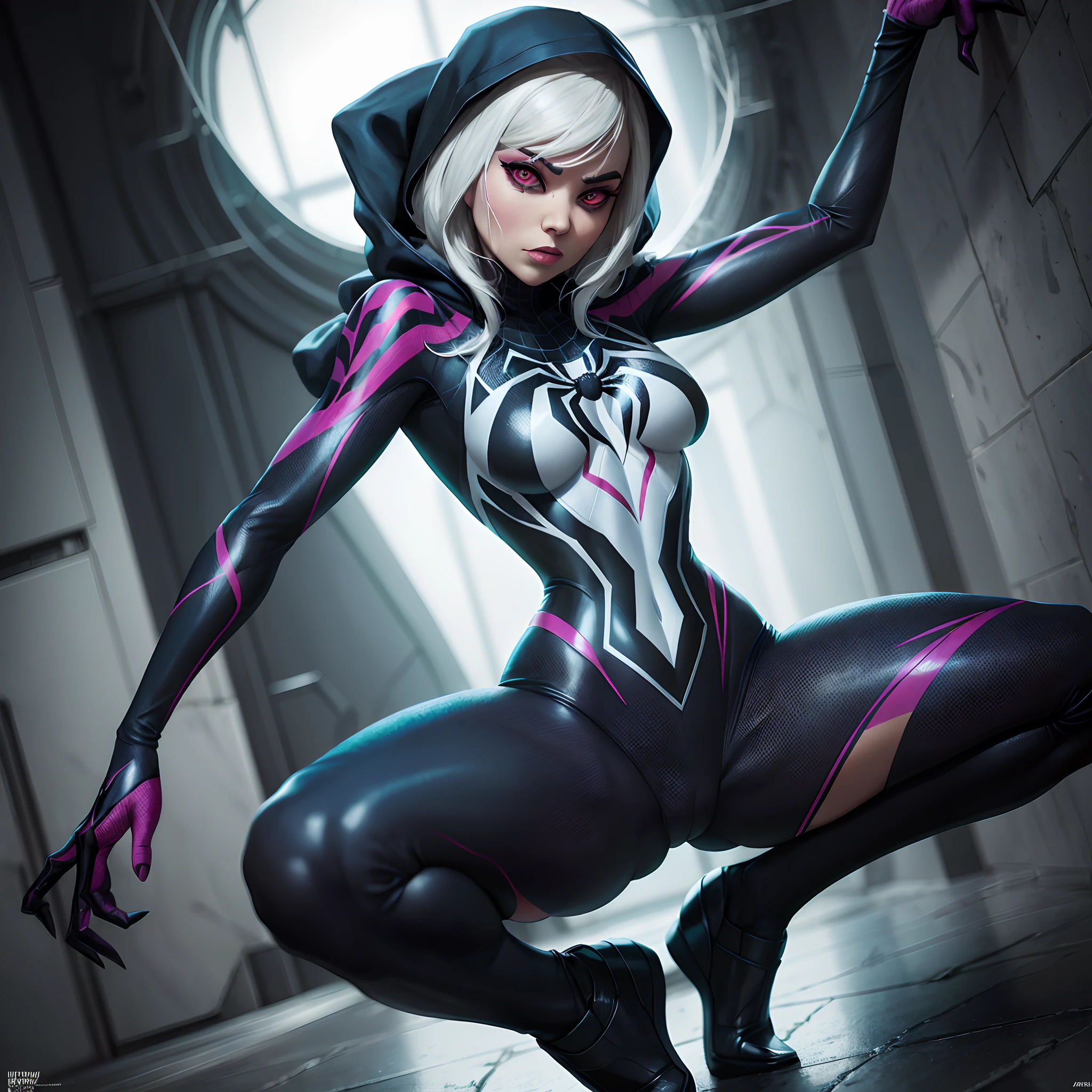 spider - woman in a black and pink costume crouches down, extremely detailed artgerm, in the style artgerm, style artgerm, ig model | artgerm, graphic artist artgerm, artgerm style, artgerm greg rutkowski _ greg, artgerm moody photography, spider gwen, artgerm art, spider - gwen