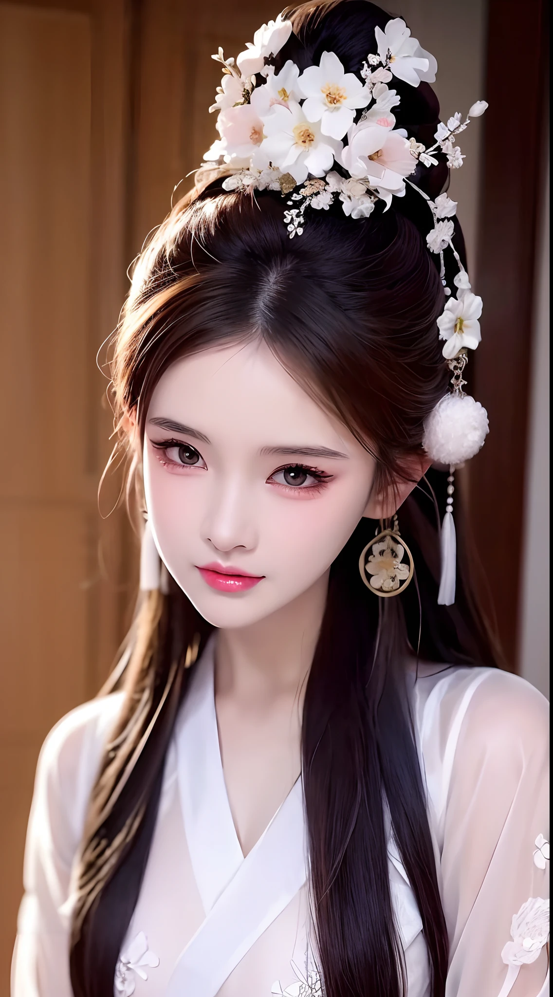 1 realistically beautiful girl, waist length hair, black eyes, ancient Ao Dai, style hanfu, wearing a thin silk shirt of ancient China, pink and smooth white skin, wearing a discreet ancient style ao dai, appears shoulders and head in the photo, Very cute little face, eye bags under wet and detailed makeup, plump red lips, charming small and curved lips, ((closed mouth:1.0)), balanced incisors, embarrassed, small face makeup detailed and very beautifull, The breasts are super round and tight, breast augmentation, blum boobs, Cover the girl's chest with a camisole inside, blush, from front, wear earrings, necklaces, from above, looking at viewer, upturned eyes, full body, masterpiece, top quality, best quality, official art, unity 8k wallpaper, highres, ultra high res, ultra detailed, (photorealistic:1.2), alone, solo, only 1 girl, style hanfu Dunhuang, 10x pixels, super realistic, ultra high quality, portrait body view of the girl, upper body,