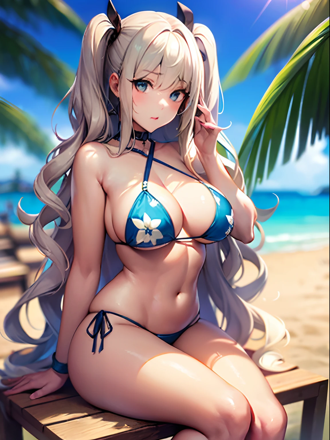 ((Best Quality)), (Ultra-detailed), ((Extremely detailed)), (Beautiful), ((Kawaii Girl)),(two side up hair).,Platinum Blonde Hair,Long hair, hair between eye, Wavy Hair, Long sideburns,Jade-colored eyes, White skin,Normal Chest,Slender body,Cross Halter Bikini,Sandals,Sitting,in beach,Look Camera,One girl,One Woman,Anime