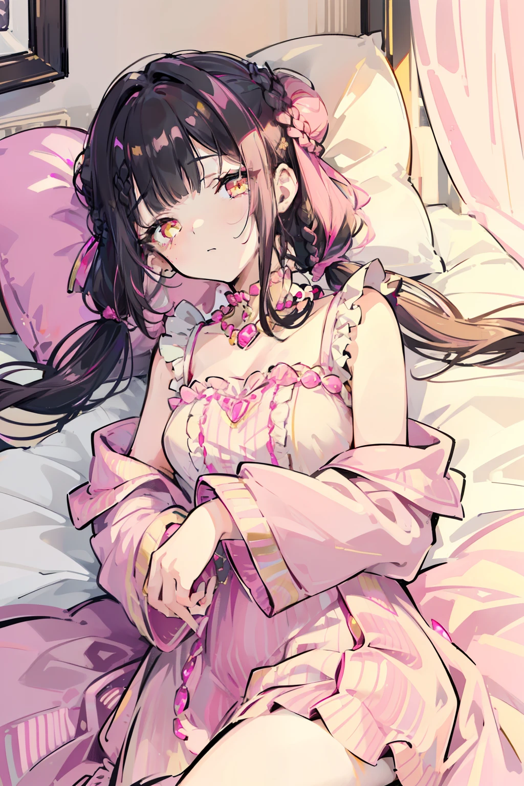 masterpiece, best quality, 1girl, solo, black hair, blunt bangs, (braided buns), ((short twintails)), yellow eyes, ((sleeping curled up)), ((((room with full of pink jewels)))), gold Hourglasses, a magenta dress, White blanket, with a little blanket over one's body