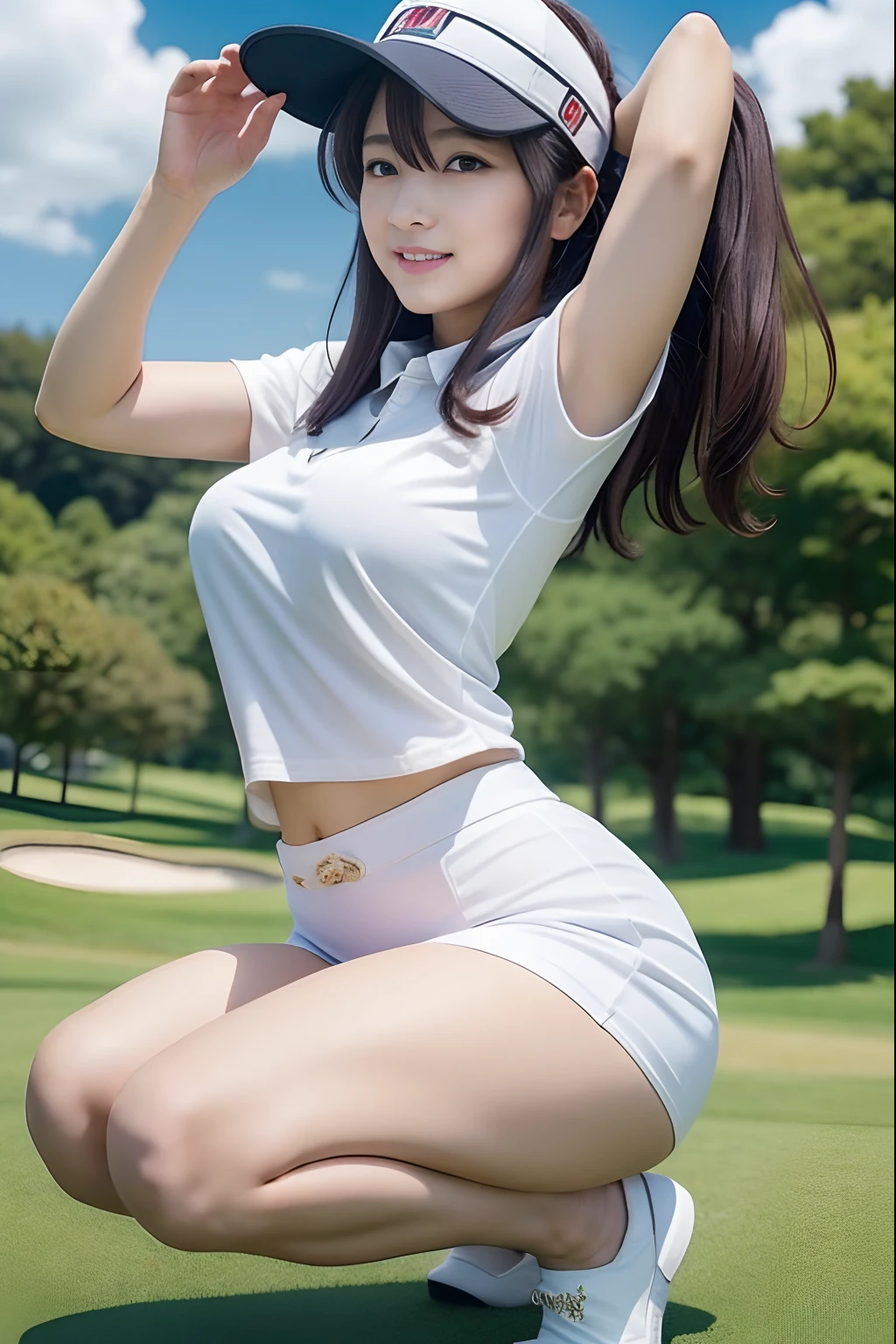 yuzuki yukari, extremely delicate and beautiful, back, from_side, thick_thighs, holding_weapon, shiny_skin, girl,woman,female, young,20 years old, very long hair, wavy hair, bangs, brown hair, delicate beautiful face, light smile, thick_eyebrows, beautiful eyes, upper_teeth, bare_shoulders, normal hands, medium_breasts, midriff, , brown eyes, white skin, red_bow, piercing, gun, indoors, blue_sky, transparent_background, wallpaper 8k CG,