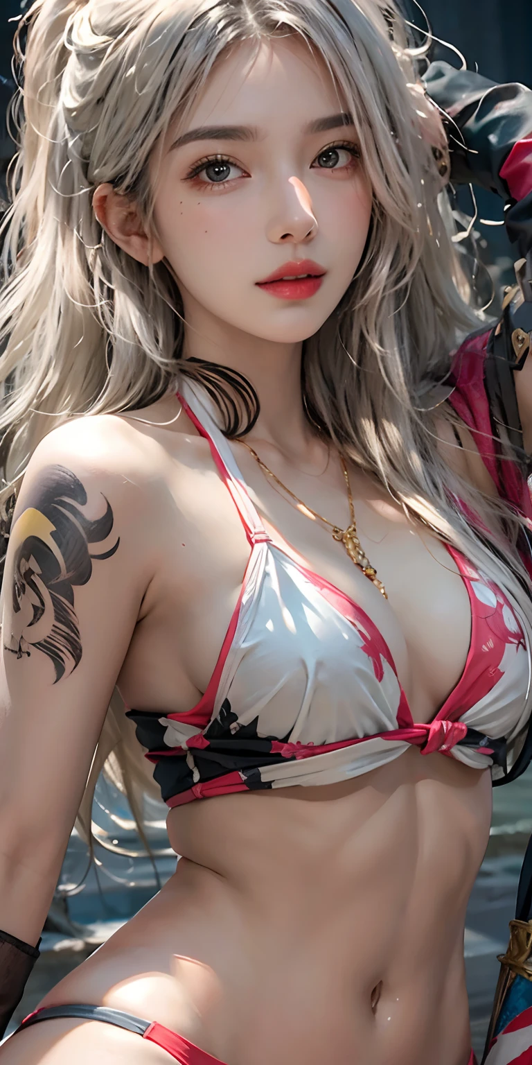 photorealistic, high resolution, soft light,1women, solo, hips up, shining skin, (detailed face),tattoo, jewelry, sl1ngsh07, slingshot bikini, night, white wavy hair, Beautiful Soldier, Eyes That Invite Viewer, Lover's Perspective, Inviting Expression, Sexy Smile, Perfect Style, Perfect Balance, Detailed Skin, Naughty Gaze, Chest Visible