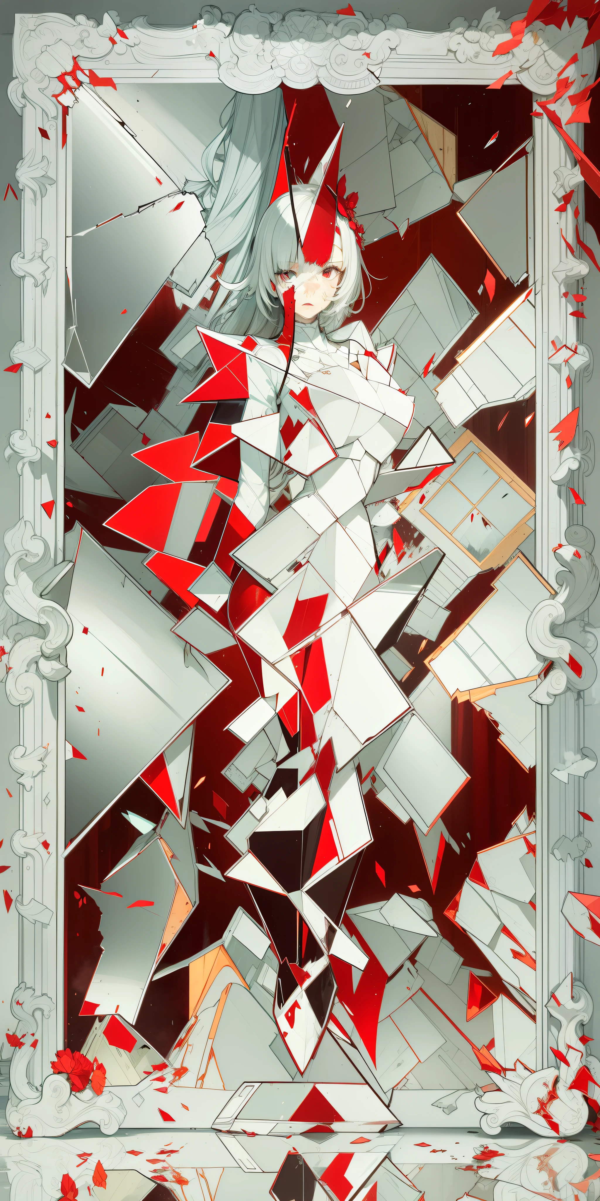 Broken mirror,mirrored image,Figure,Red and white,Artistic sense,conflict,disrupt