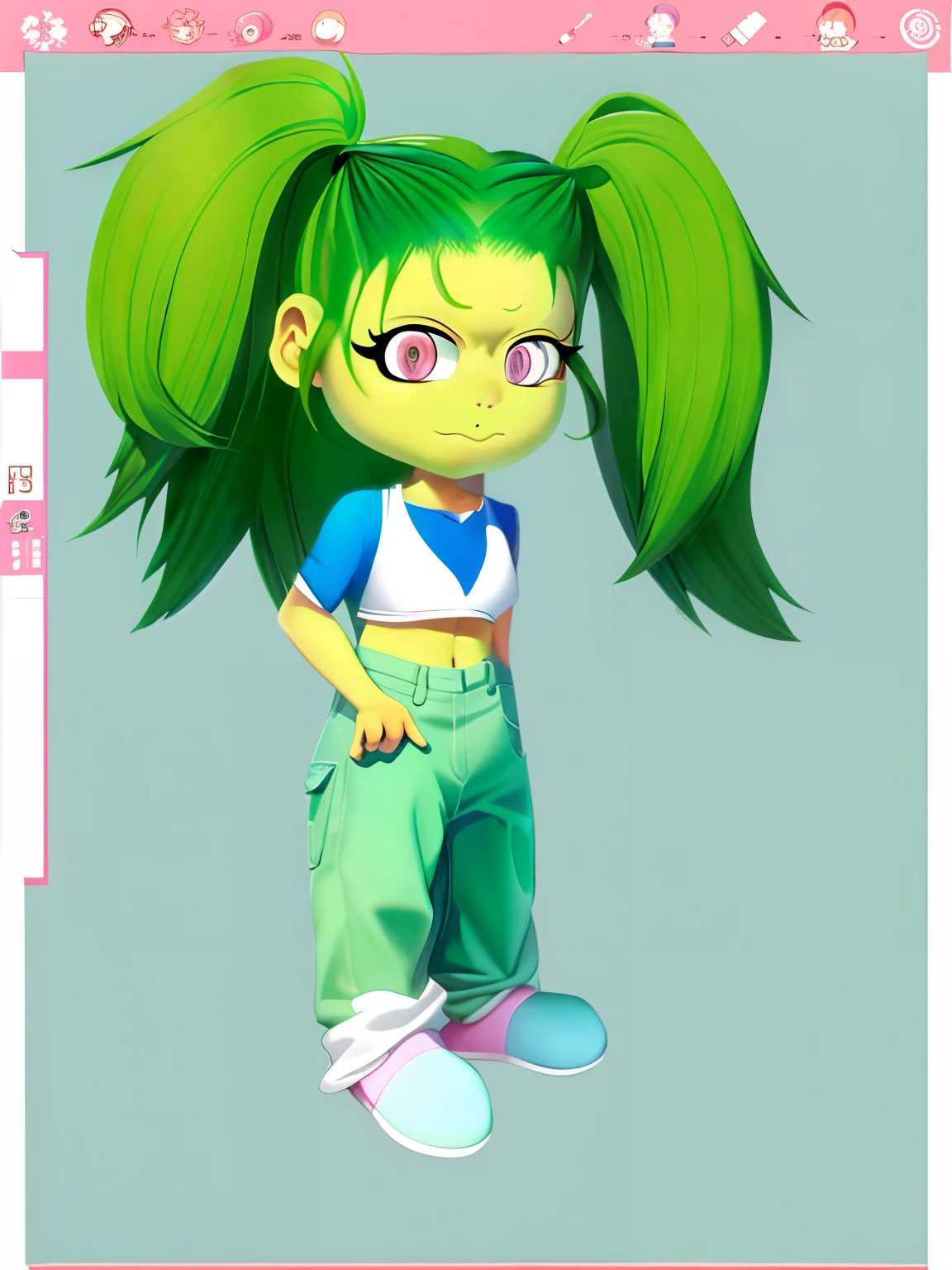 Girl 9 years old cartoon style is very childish. Green Hair Children's eBook cover character. Big pink eyes. White skin of the. Same characters. Light blue top,Jeans cartoon style. a variety of poses, Same-character deta reference