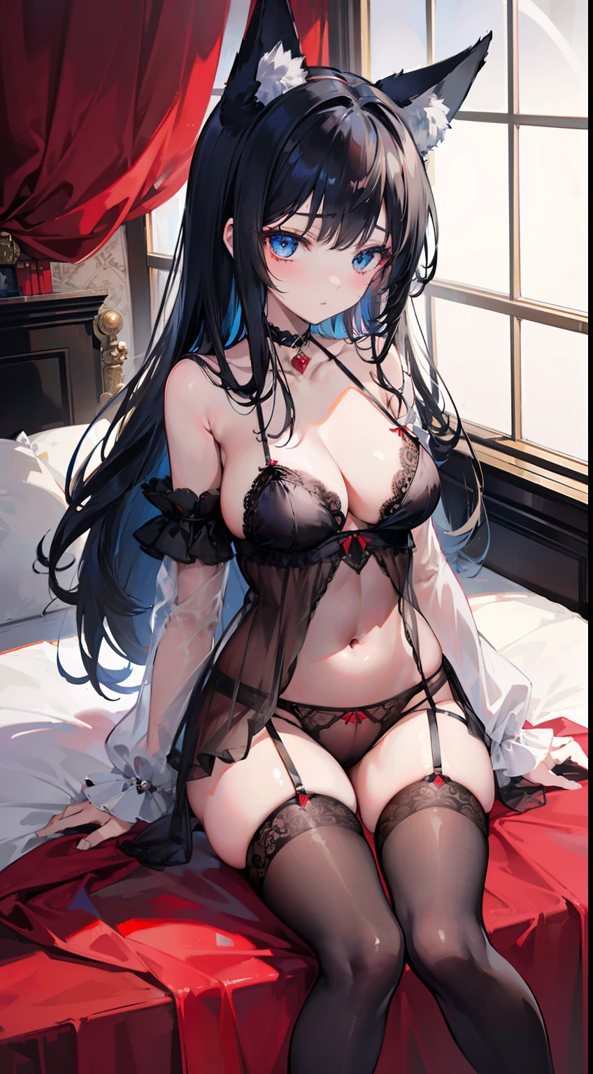 High quality, masterpiece, ultra-detailed, black stockings, transparent lingerie, red panties, choker, headress, cute loli girl, solo, peaceful expression, black hair, enchanting blue eyes, fox ears, bedroom