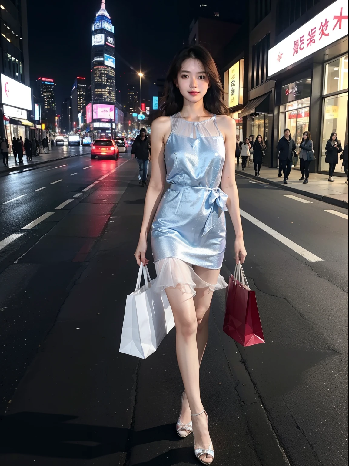 8K picture quality，Good quality，tmasterpiece，Ultra-clear image quality，Super rich detail，Authentic details，One Asia，Beauty professional women，Shopping on the street after work，Streets at night，There are shops with lights on both sides，full of lights，Women are beautiful，Women have short hair，The plating is stylish，Woman in a fashionable dress，Pink and powder blue dress，Tank top slip dress，Adjustable waist，Slanted shoulder design，Bare shoulders，Bare arms，The style is very flowy，The dress grows to the calf or knee，The skirt is beautiful，The fabric is tulle lace and silk，Many shiny ornaments，The dress was pale，Woman while shopping，Standing in the street with bag in hand, head to toe，fully body photo，Photos of female images occupy the main part of the picture，Occupies the main proportion of the picture，The proportion is relatively large，Women are big eyes and white skin，The smile is very light，Very pleasant，The smile is bright，He also holds a shopping bag in his hand，Wear high heels，High heels are red，or black high heels，The overall picture is very realistic，Only one woman，Same as real photos，Strong sense of three-dimensionality，Very real