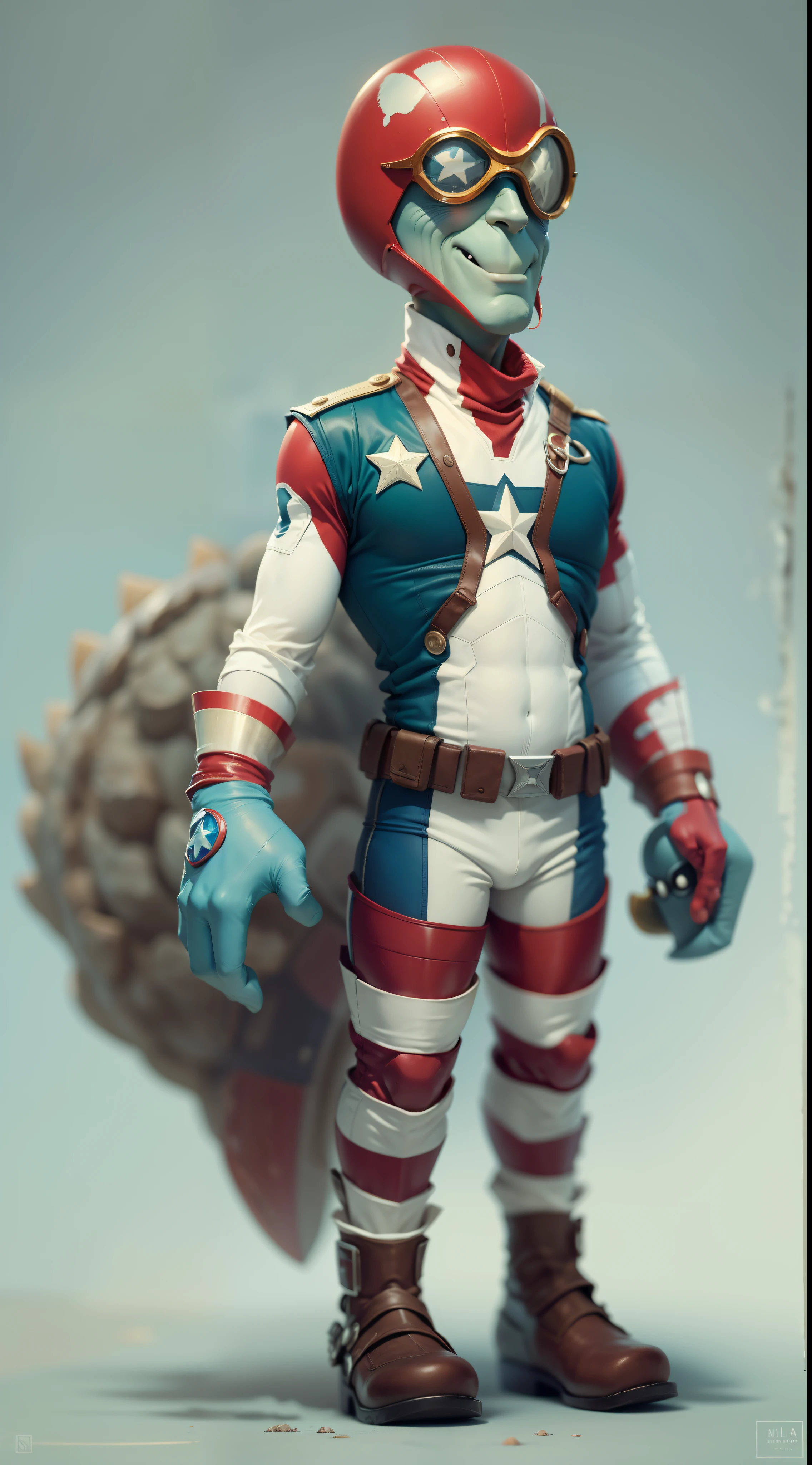 The image depicts a humorous fusion between the "Captain America" e o personagem "Lula Molusco" of the animation. In this amusing depiction, The distinctive traits of both characters are combined, resulting in a unique and funny figure.
The character's body is a mix between Captain America's uniform and the appearance of the Clam Squidward. Ele veste um traje estilizado, with the familiar colors and details of the hero's uniform, but adapted to resemble the body and texture of the Clam Squid.
His eyes are expressive and carry a tone of resignation and sarcasm characteristic of the Squidward. His facial expression is a combination of determination and a touch of disinterest, resultando em um olhar peculiar.
A paleta de cores combina os tons de azul, red and white of Captain America with the shades of brown and gray reminiscent of the Clam Squid. This mixture of colors adds a comic touch to the figure.
This image provides a humorous and creative view of Captain America in the form of the Clam Squid, fusing elements of both characters to create an unusual and funny figure. It evokes a smile and a sense of relaxation, showing how familiar characters can be reinterpreted in fun and unique ways.