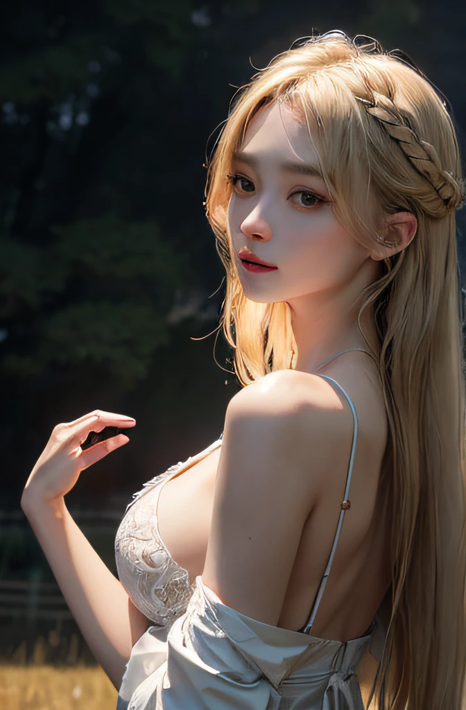 (reallistic:1.3)、A detailed、qulity、Rembrandt lighting、(masuter piece:1.2)、(Photorealsitic:1.2)、(best qualtiy)、(Detailed skin:1.3)、(intricate-detail)、Dramatic、Ray traching、One Girl、American Caucasian Girl、blonde hair、21 years old、moderate breast、(Pasture、suns、clouds、nobara、agriculture、starlight、promenade)、Rear view