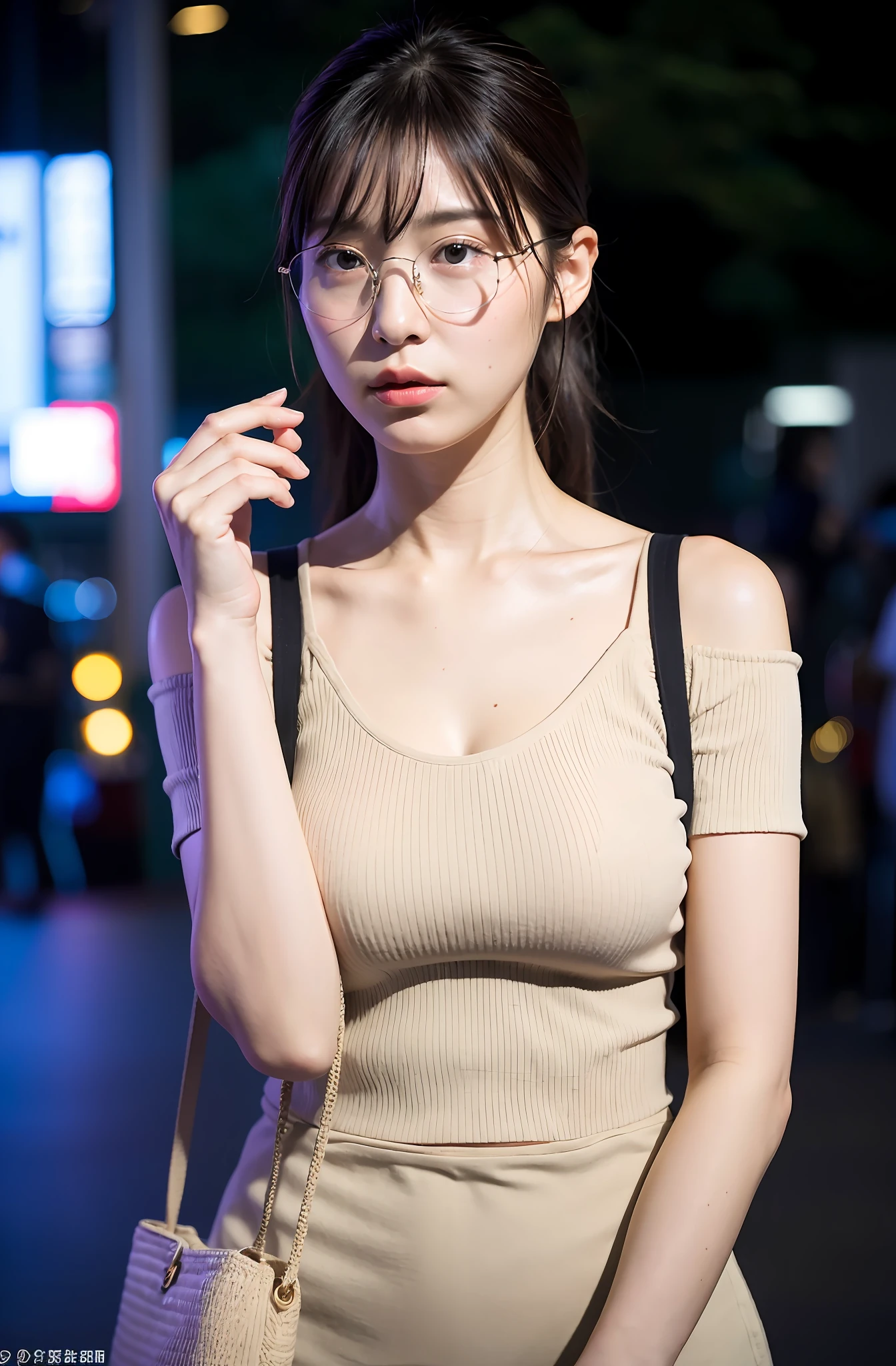 shopping street、Public places、、(disheveled extra fluffy pixie cut:1.2)、8K、Raw photography。top-quality、hightquality、Extreme Detail Photography、Eye for extreme detail、Super Detail Face、Hair in super detail、Super detail body、(Photography Lighting:1.3)、1girl in、The face is about 25 years old.、Puffy eyes、Eyes in good shape。Brown-eyed、dark brown short hair、good lips,Natural makeup、Raw photo, Best Quality, masutepiece, ultra-detailliert, 超A high resolution, Realistic, (pastel color sundress with floral pattern:1.2)、(detailed fabrics:1.3), cleft chin, (slanted eyes), (windsor glassses:1.2), (crooked tooth:1.2), smiling widely,(cleavage:1.2),(no bra:1.2),